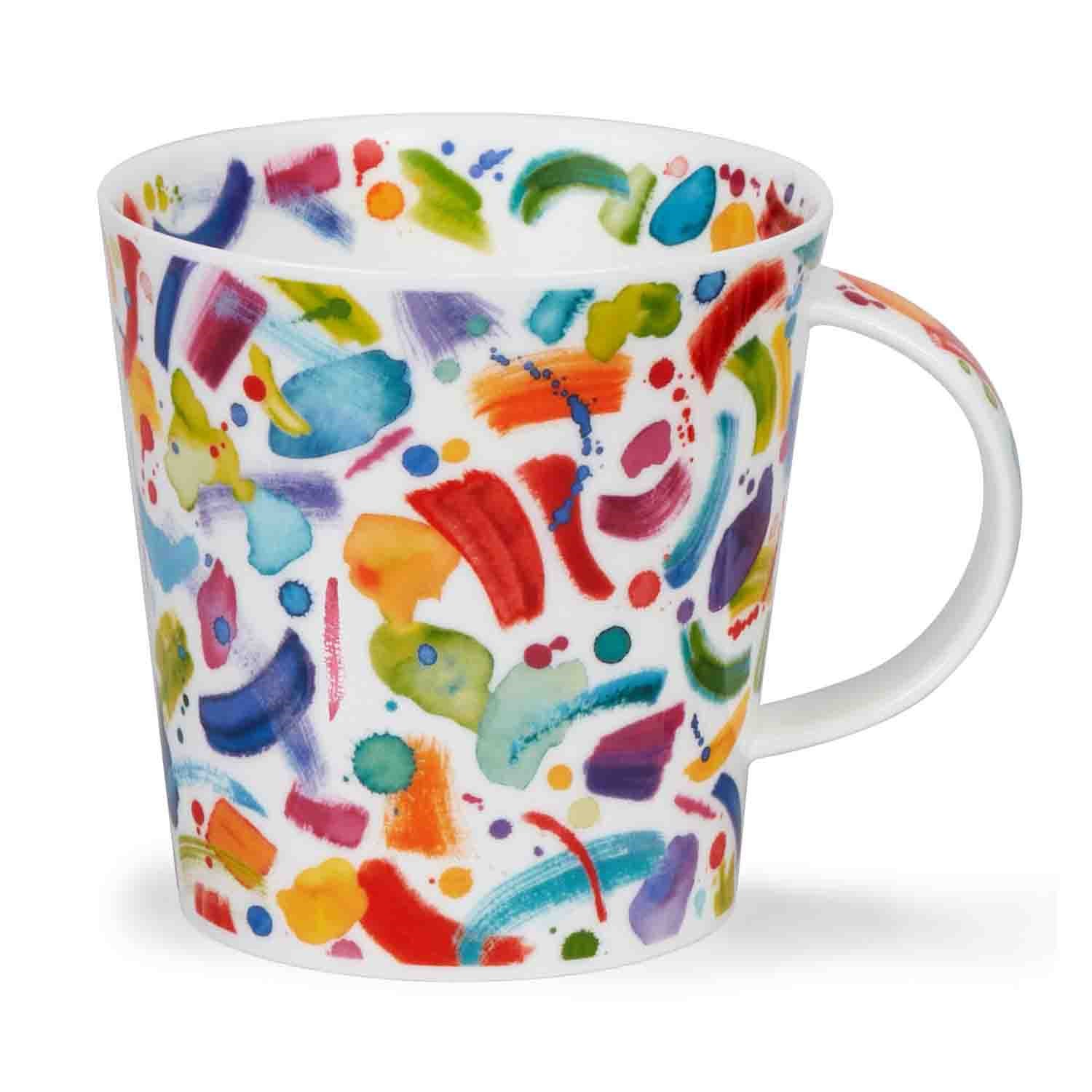 Weiße Tasse mit buntem, abstraktem Pinselmuster, Tasse, Becher, Porzellan, Farbenfrohes Muster, Pir