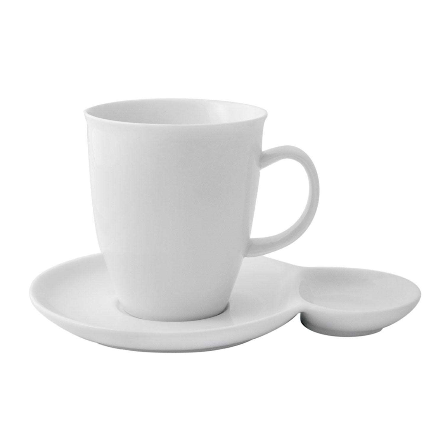 Weiße Kaffeetasse mit Teller und Snackmulde, Tasse, Becher, Kaffee-Tasse, Porzellan, Tassengestell