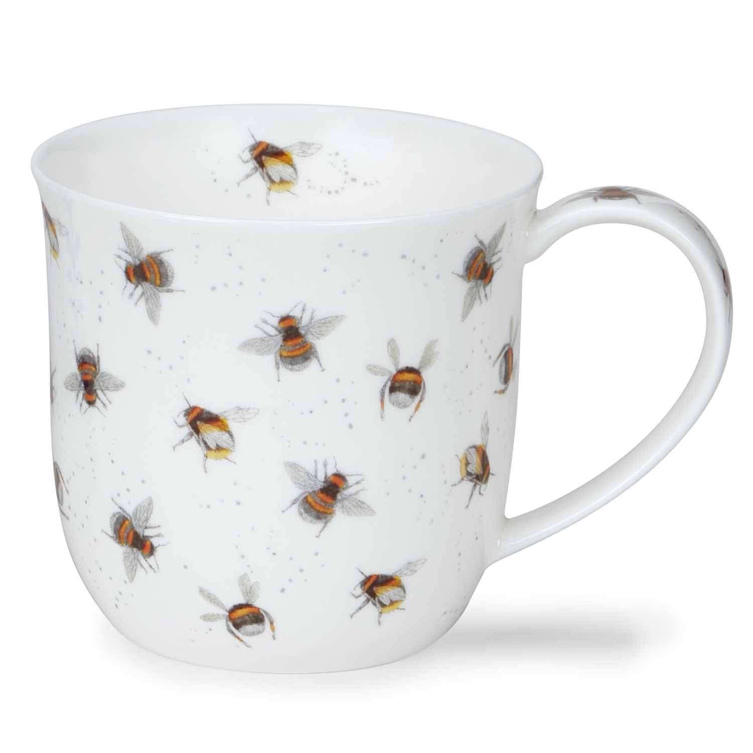 Weiße Tasse aus Porzellan mit vielen Hummeln, Becher, Tee-Becher, Bienenmotiv, weiße Porzellan, Blumenmuster