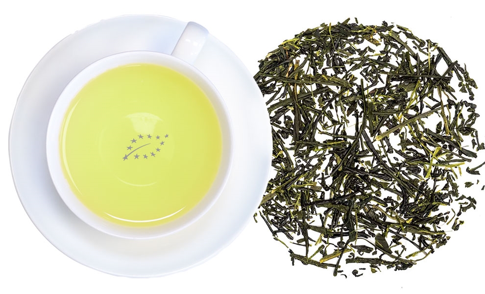 Weiße Tasse mit grünem Tee und losem Grüntee-Blatt, grünertee, tee, tasse, palette, blatt
