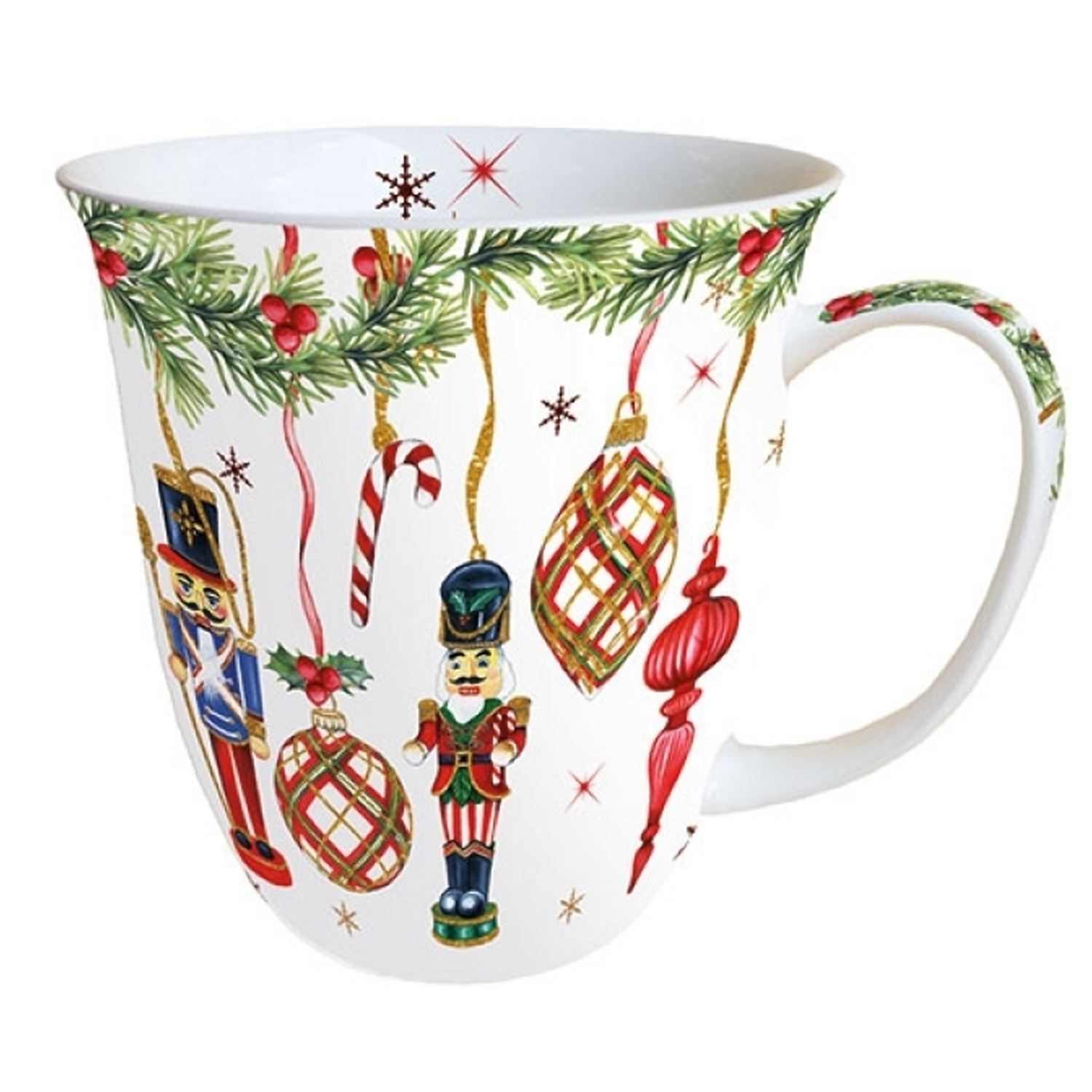Porzellanbecher mit Nussknacker und Weihnachtsdeko, weihnachtsbecher, tassen-ornamente, porzellan, weihnachtsmotife, weihnachtsdeko