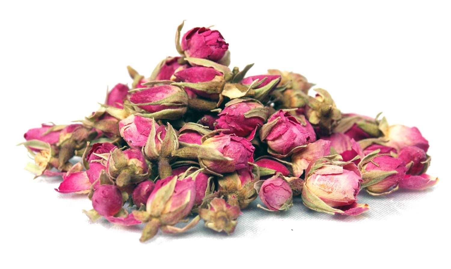 Haufen getrockneter rosa Rosenknospen, Rosenknospen, Trockenblumen, Rosa, Blütenknospen, Blumen