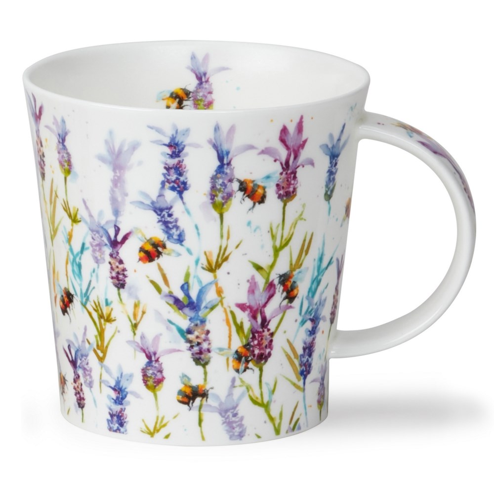Weiße Porzellantasse mit buntem Lavendel und Bienen, Tasse, Keramik, Blumenmuster, Lavendel, Becher