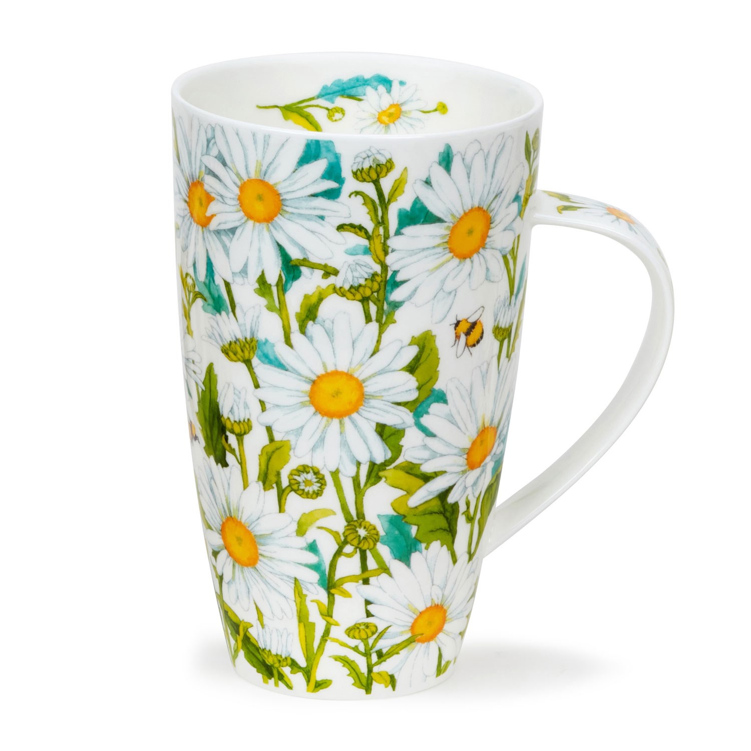 Tall white porcelain mug with colourful daisy and bee pattern, ideal for coffee or tea
