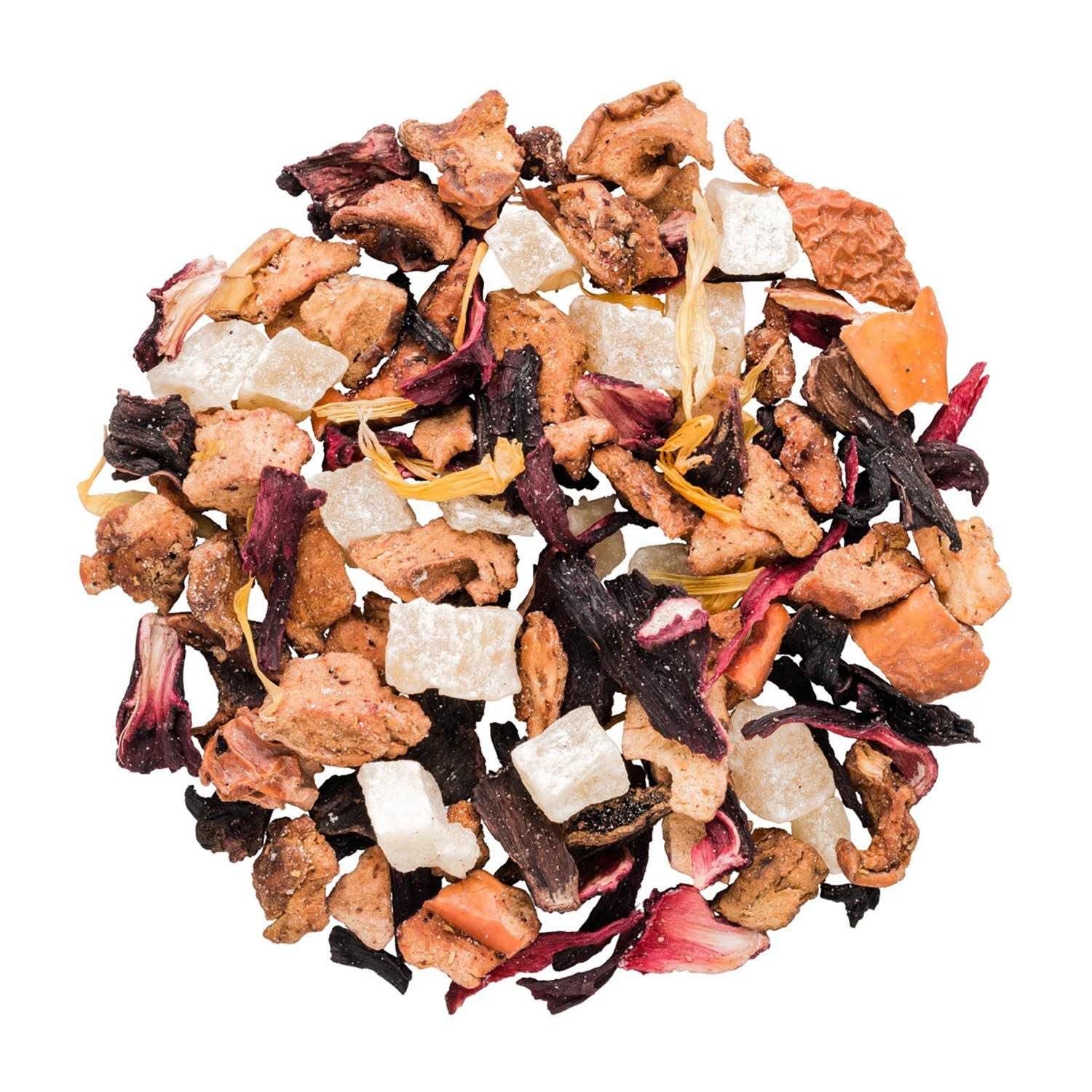 Bunte Früchtetee-Mischung mit Ananasstücken, fruit-tea, tea-blend, getrocknete-früchte, kraeutertee, zutatensalat