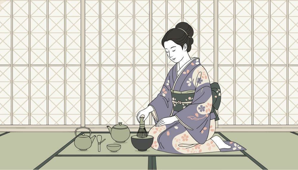 Frau bei japanischer Teezeremonie mit Teekanne und Schale, kimono, Geisha, Teekultur, Kimono Muster, Tatami