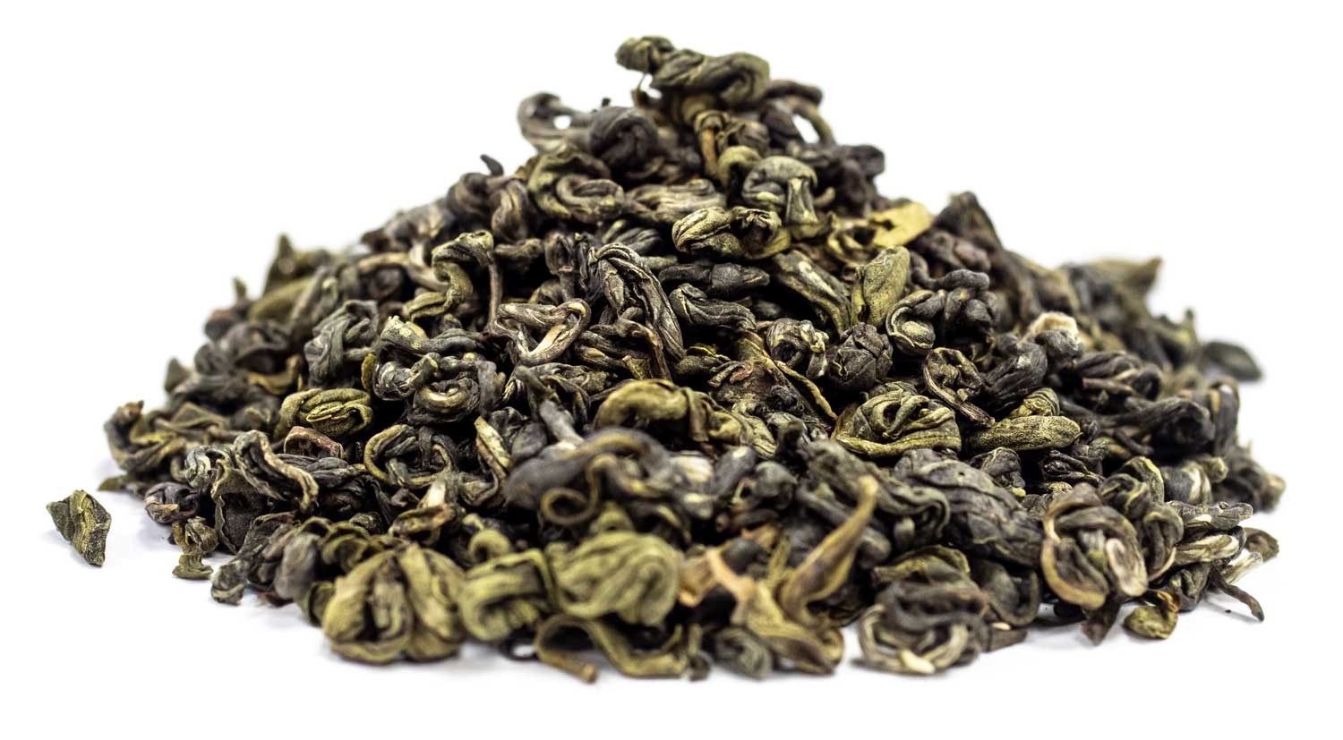 Pile of loose green tea Gunpowder on white