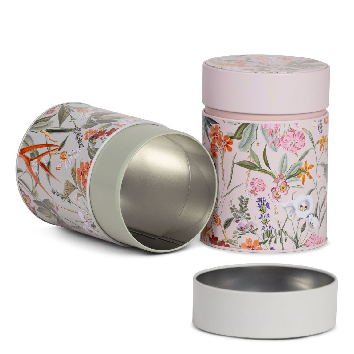 Boîte à thé ronde Eigenart Mira mint 500g en fer blanc avec motif floral, présentée ouverte et fermée pour conserver le thé en vrac