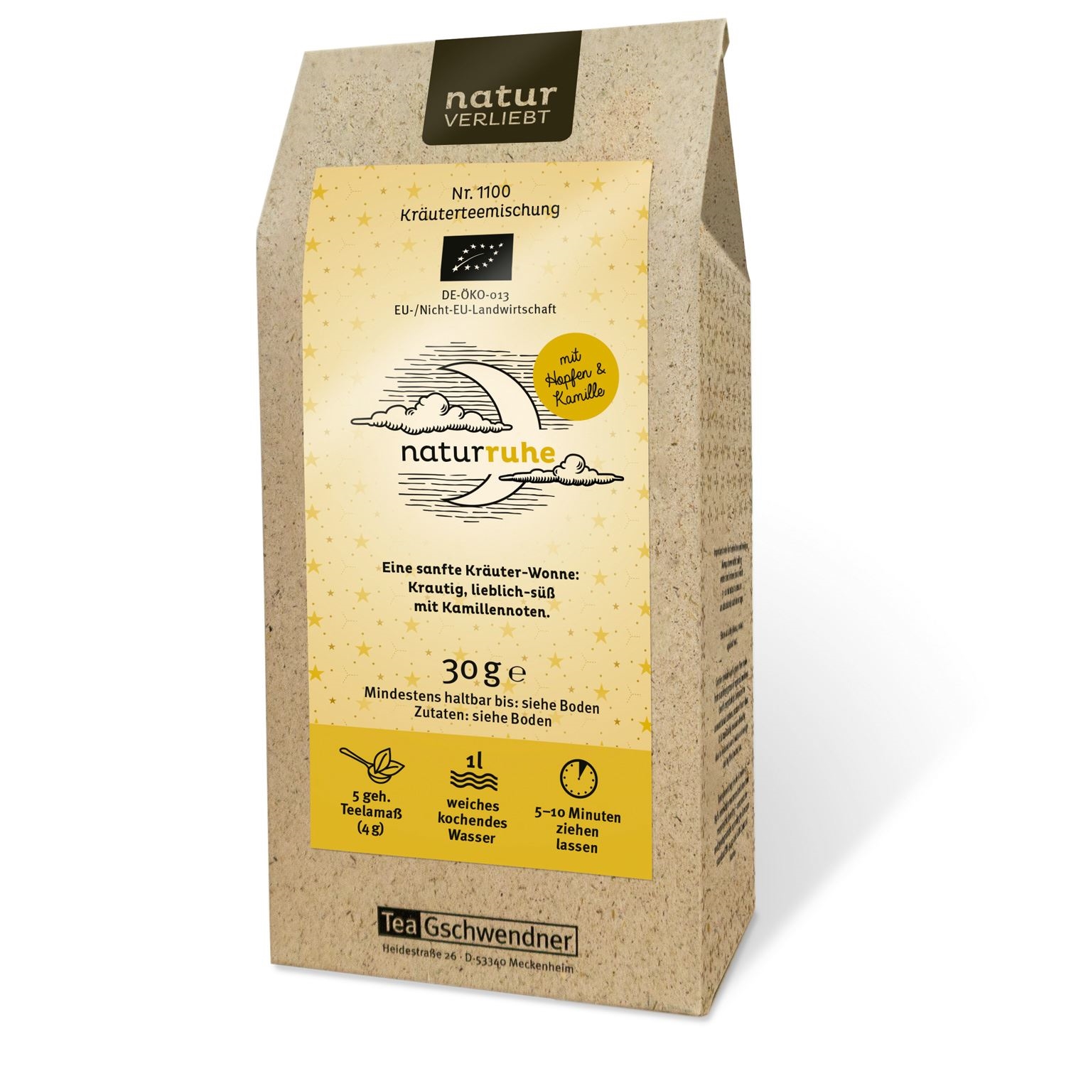 Packung TeaGschwendner Naturruhe Kräutertee mit Kamille 30g, Kräutertee, Kräutertee-Mischung, Naturquelle, Kamille, 30 g