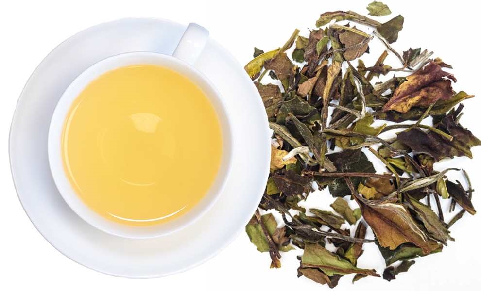Weiße Teetasse mit losem weißem Tee daneben, tee, grüne tee blätter, tee tasse, gelber tee, kräutertee