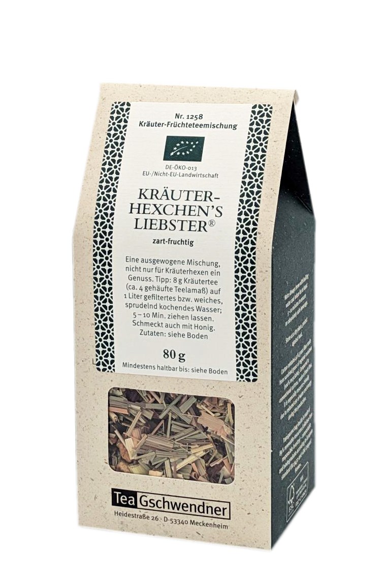 Pack of Tea Gschwendner Kräuter-Hexchen’s Liebster, delicately fruity herbal fruit tea blend in paper packaging, 80 g