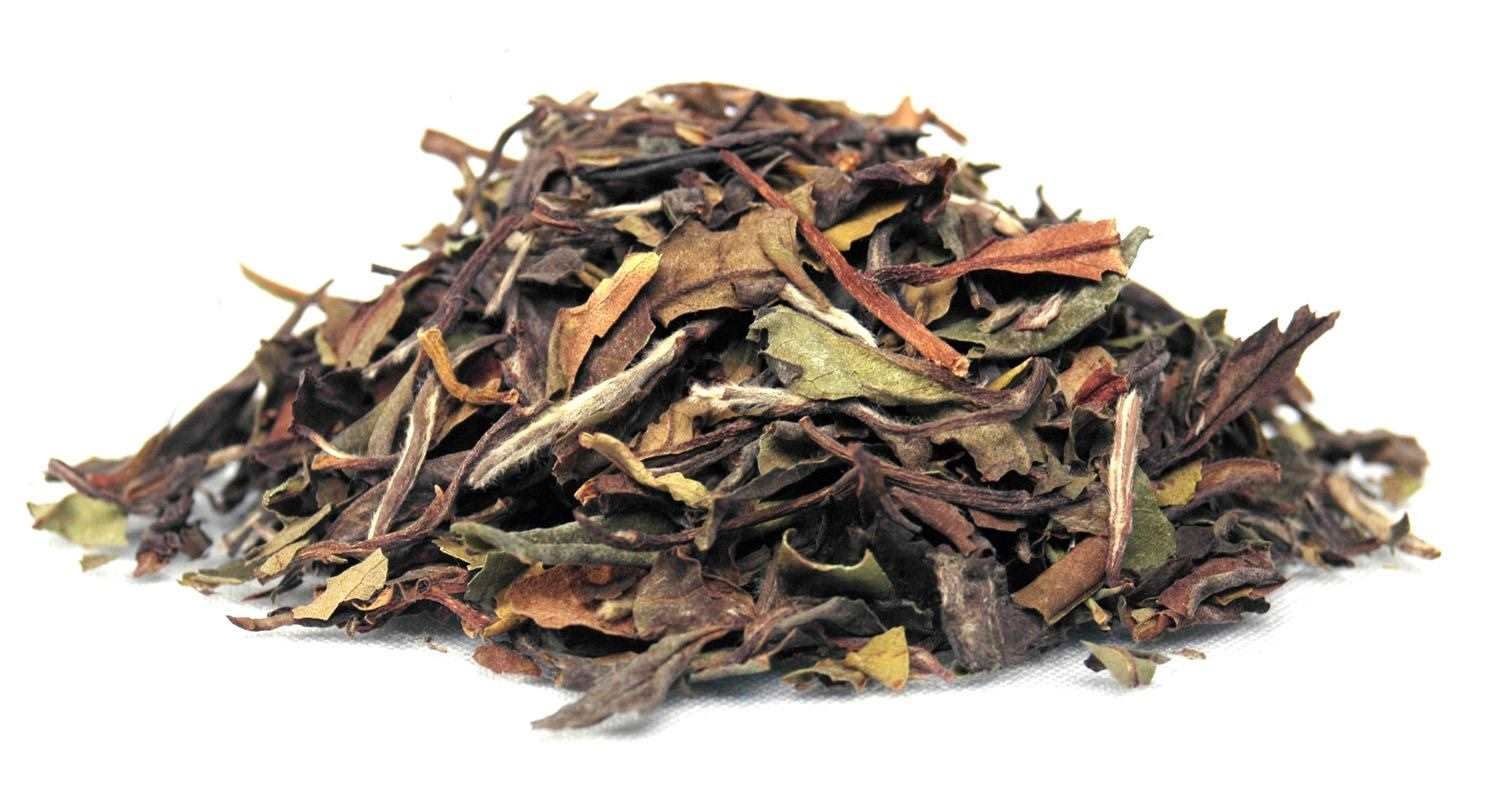 Lose Blätter von weißem Tee auf weißem Hintergrund, tee herb, tee-blätter, lose blad, grün braun mischt, krauttee