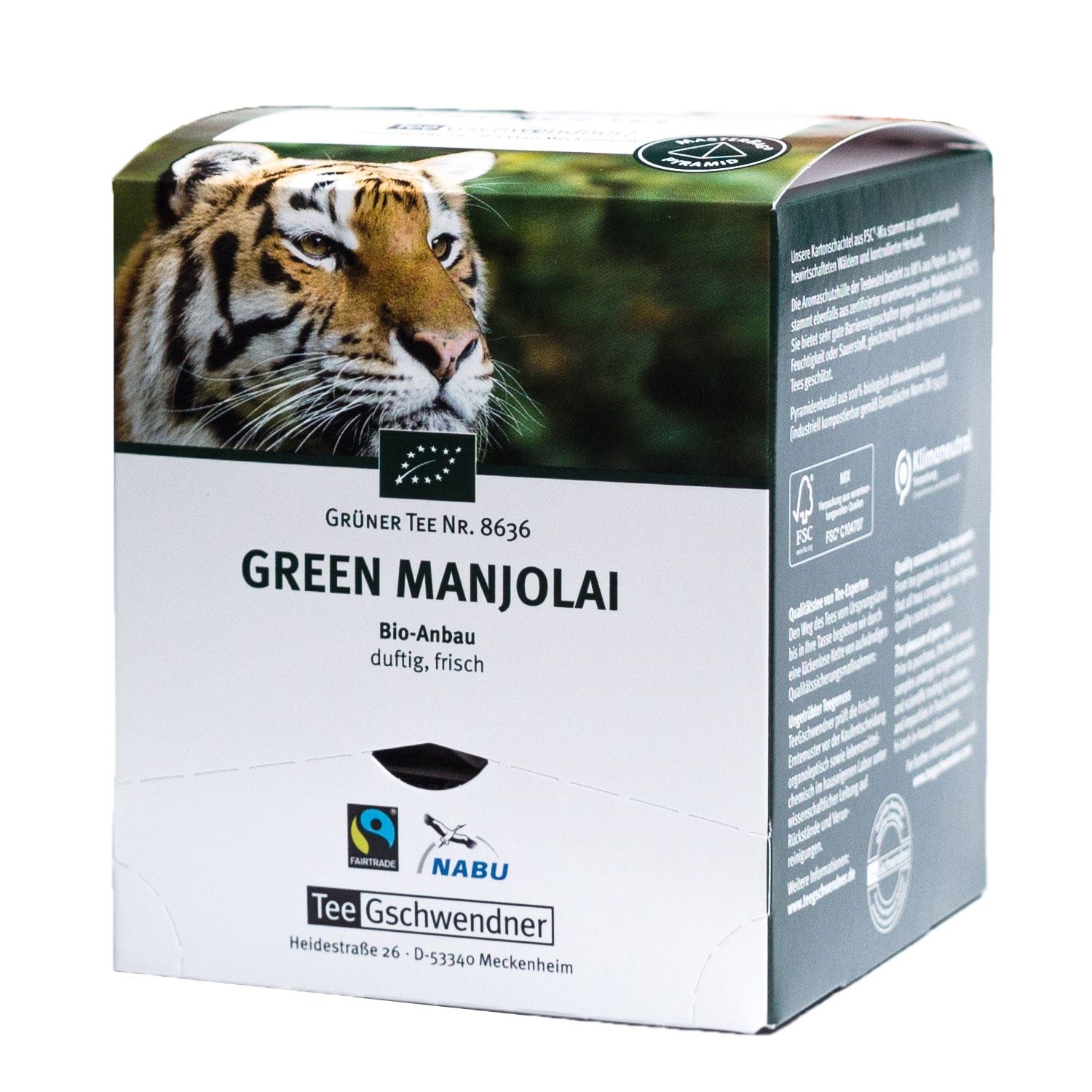 Tee Gschwendner Green Manjolai Bio Grüner Tee Packung, Tiger, Grüner Tee, Biologischer Anbau, Bio-Tee, Verpackung