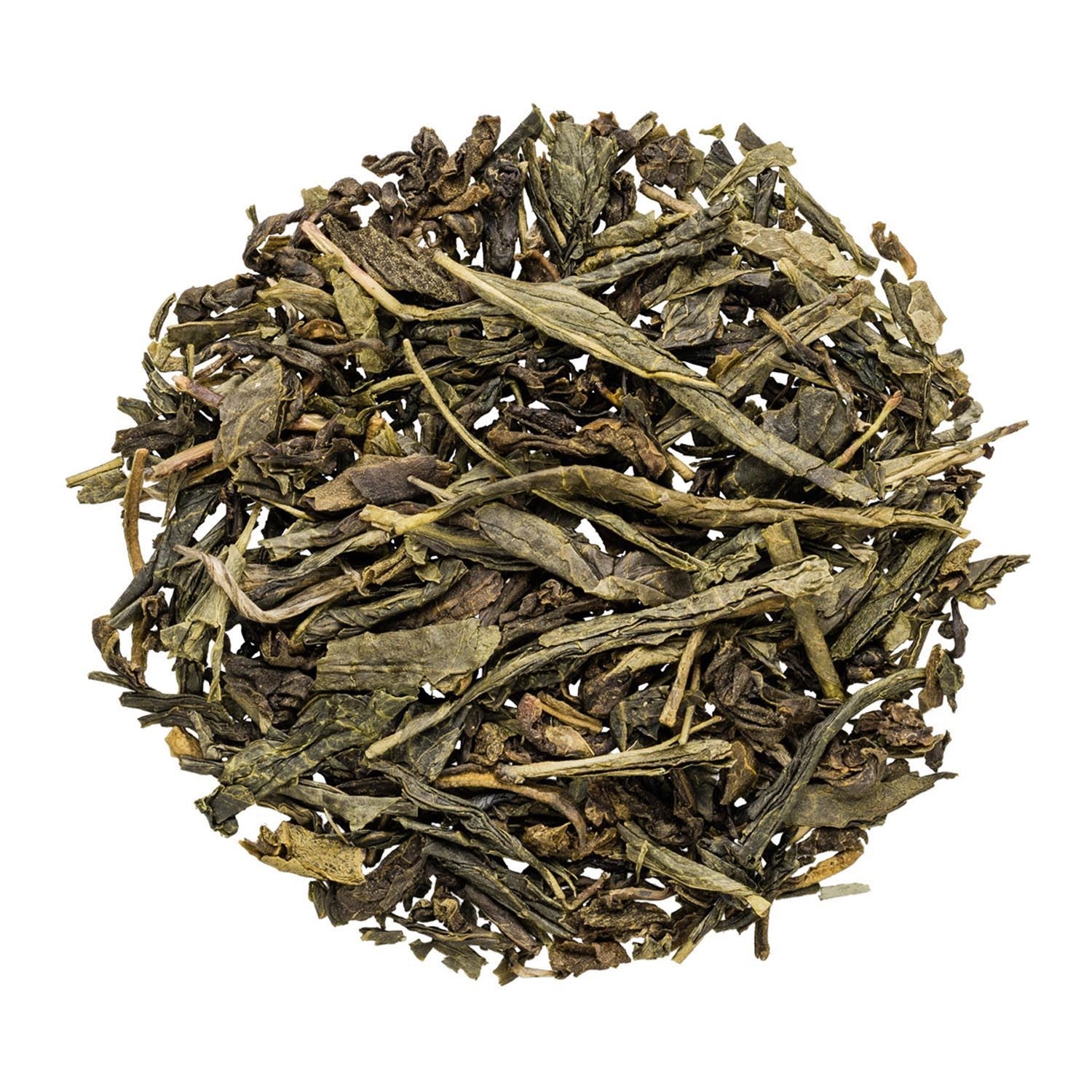 Nahaufnahme von losem grünem Tee Sencha, Teeblätter, Grüner Tee, Lose Blätter, Teemischung, Blätter Tee