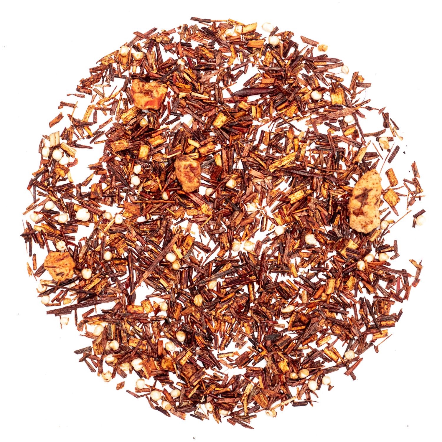 Lose Rooibostee-Mischung mit Apfelstücken und Puffreis, Rooibos, Gewürz, Zweiklang, Röstric, Kräutertee