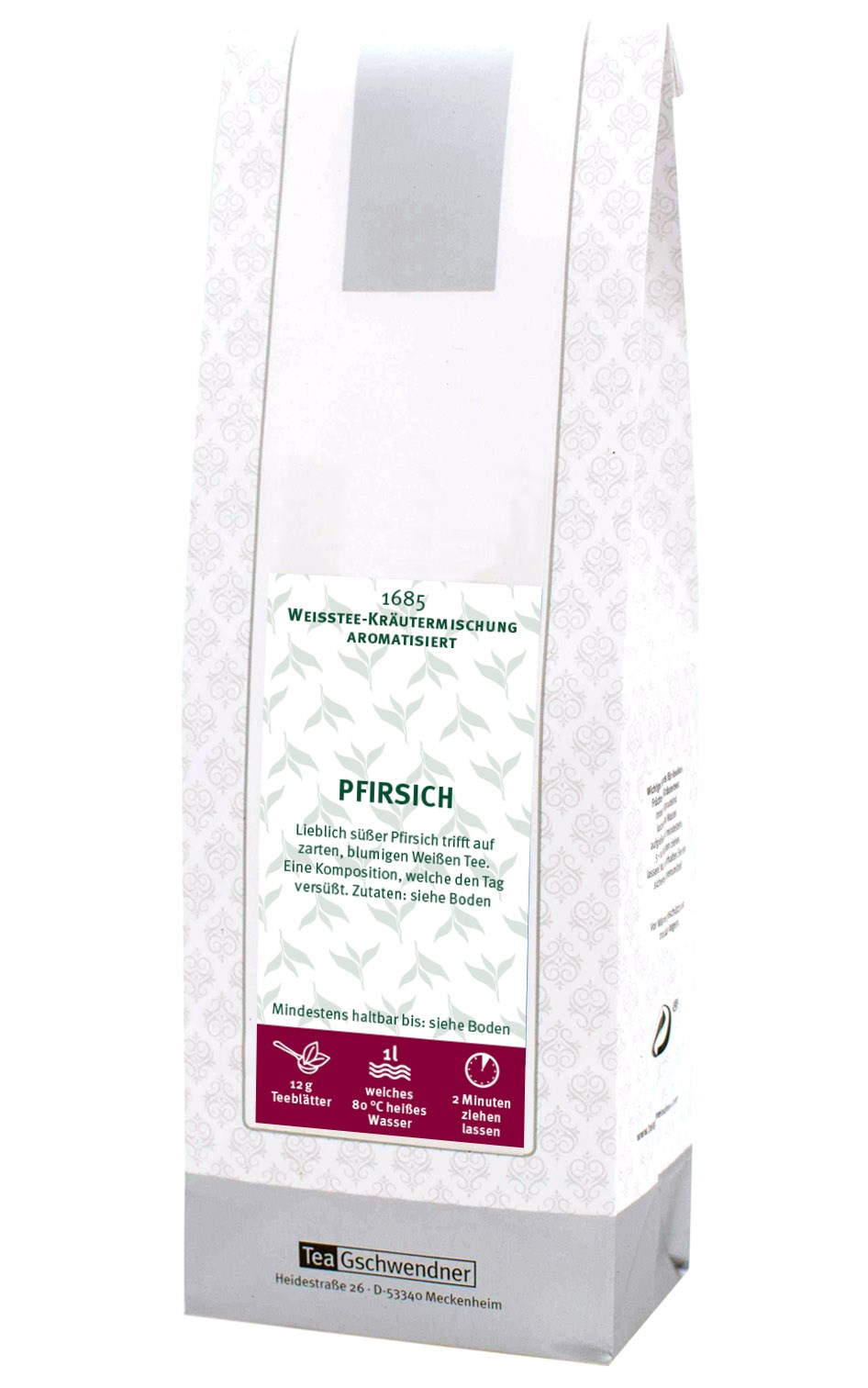 Packung TeaGschwendner Weißtee Kräuter Pfirsich 1685, Pfirsich, Kräutertee, Aromatisiert, Weißer Tee, 1 L