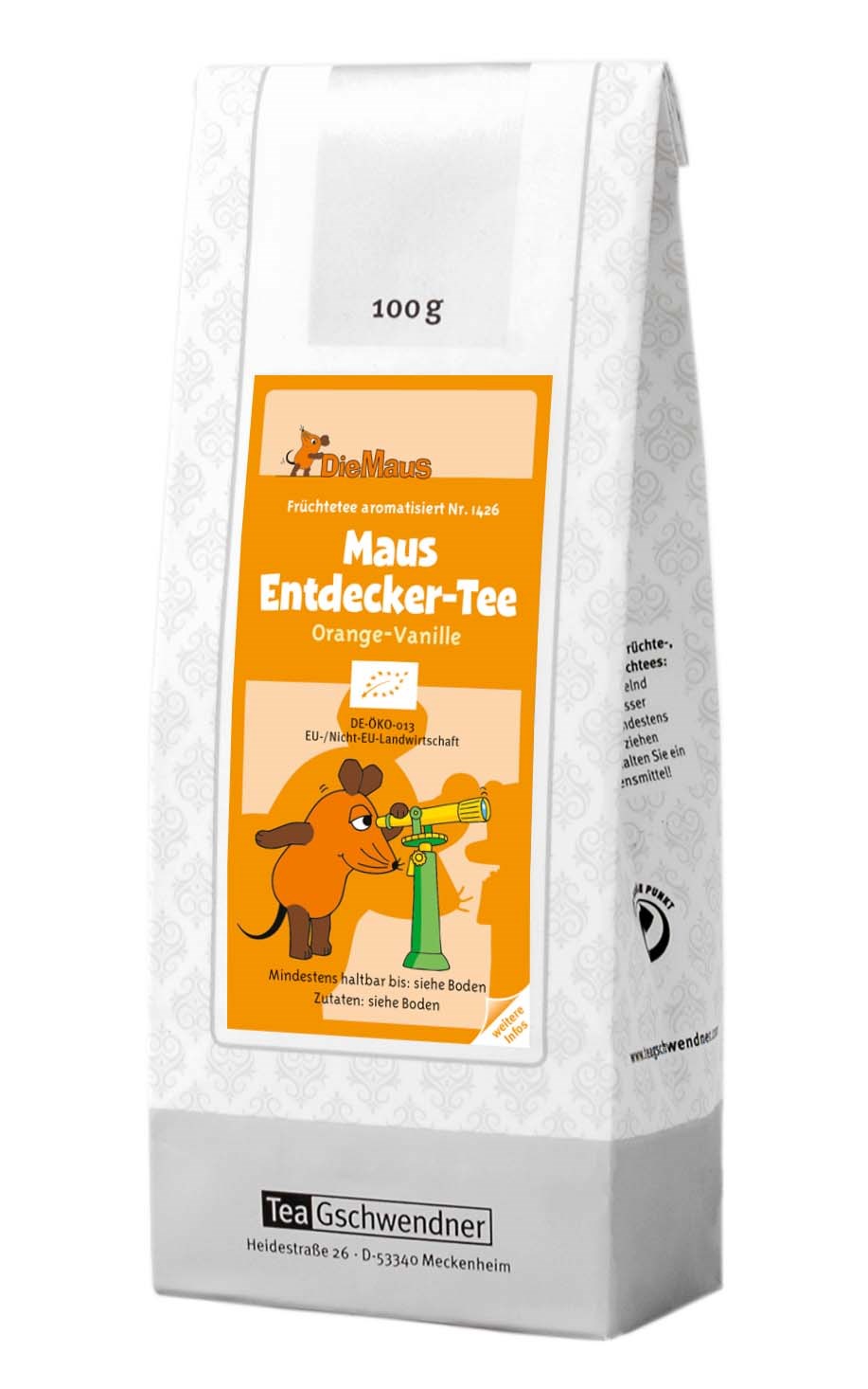 Teepackung Maus Entdecker-Tee Orange-Vanille 100 g, Maus Entdecker-Tee, Orange-Vanille, Früchtetee, 100 g, Teebeutel