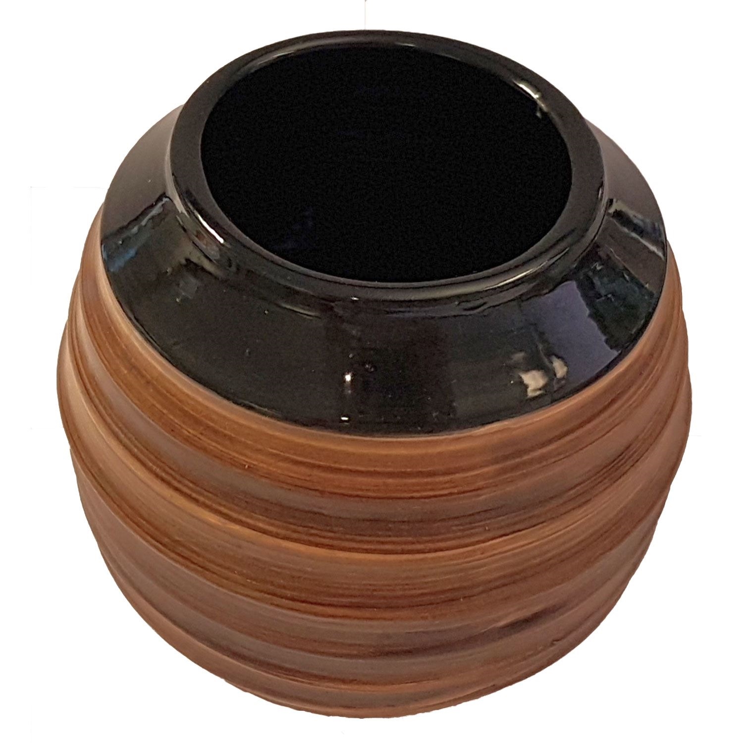Runde braun-schwarze Keramikvase mit Öffnung oben, Isolationsstopper, Dichtung, Holz Sleeve, Zweifarbiges-Deckel, Korkähnlicher Kragen