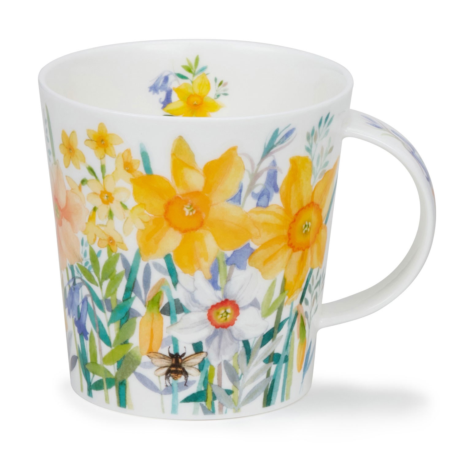 White porcelain mug with colourful daffodil and wildflower meadow print and small bee