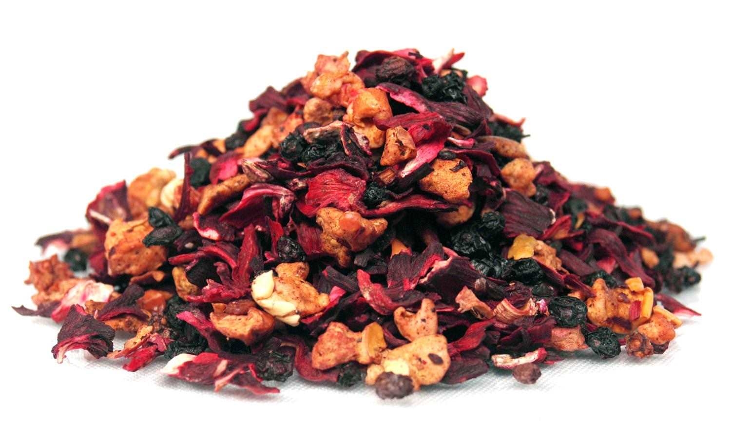 Lose Früchtetee-Mischung aus Hibiskus und Beeren, Pflanzenbasierter Tee, Teemischung, getrocknete Blüten, Hagebutte, Fruchtstücke