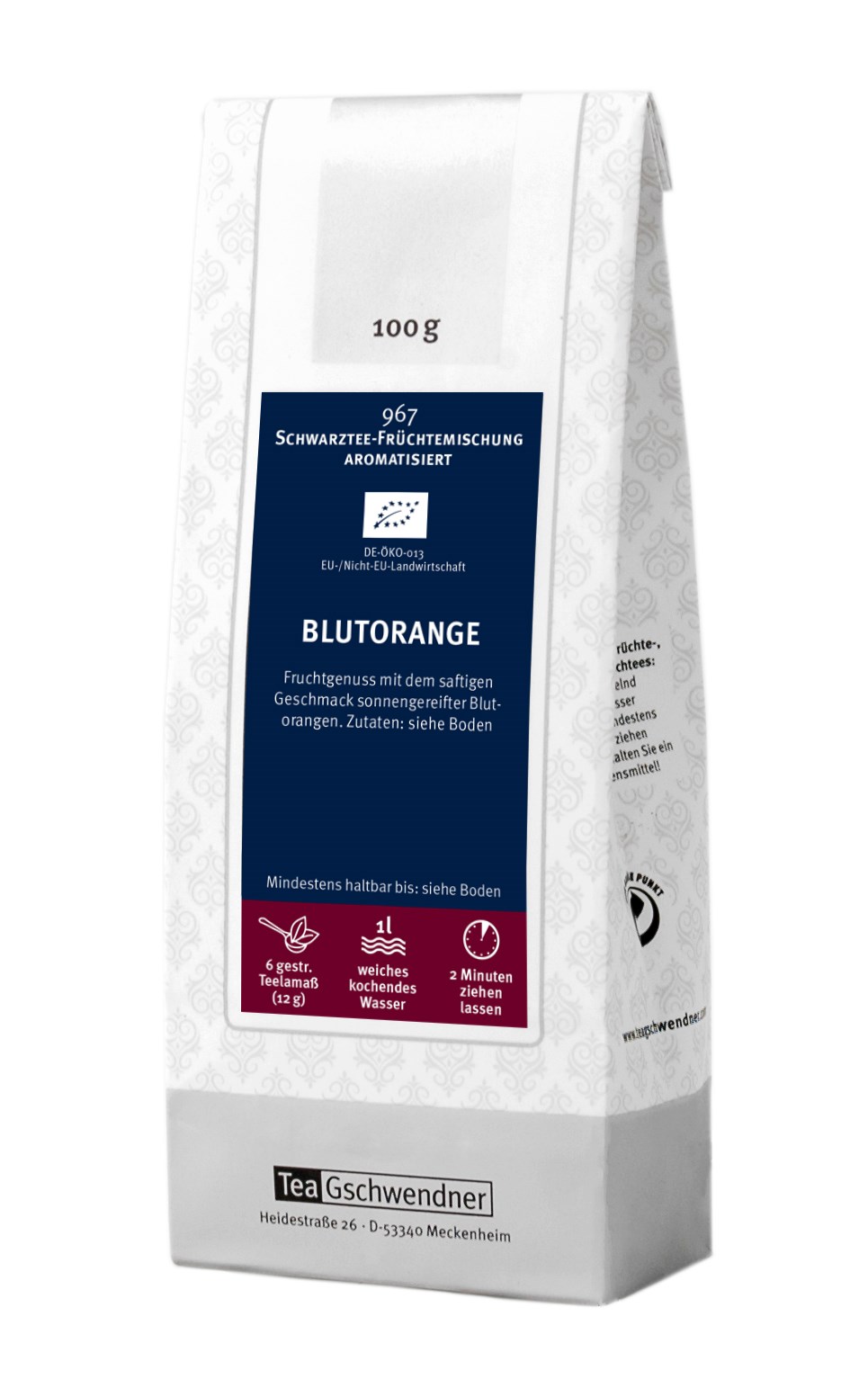 TeaGschwendner Blutorange aromatisierter Schwarztee 100 g, Schwarztee, Früchtetee, Blutorange, Aromatisierter Tee, 1 L