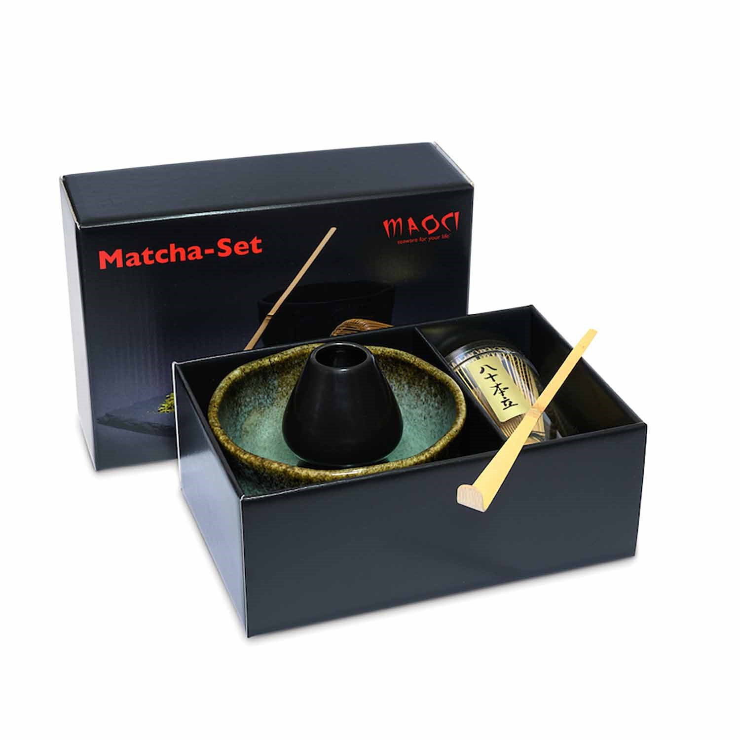 Traditional Japanese matcha set with bowl, whisk and scoop