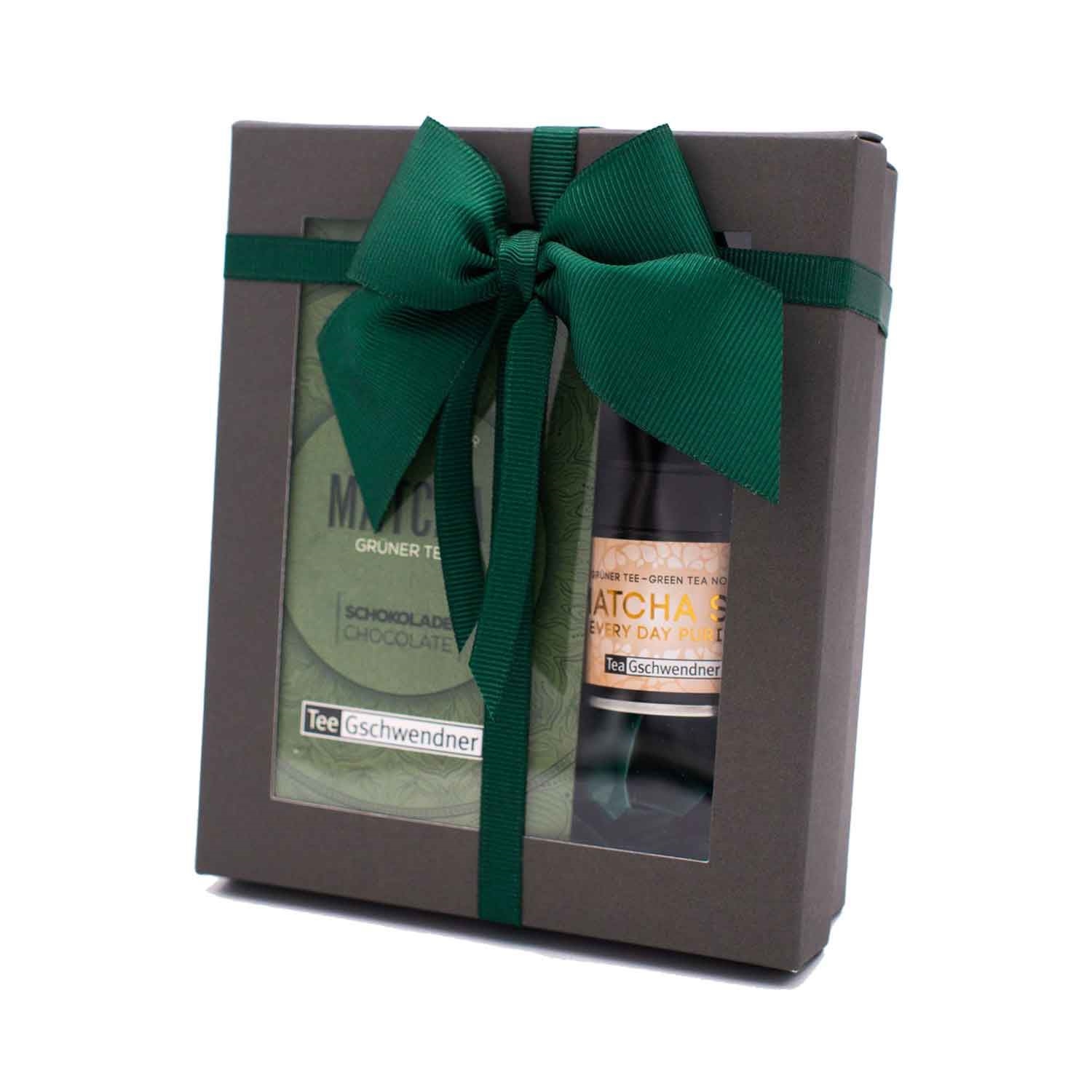 Geschenkset TeeGschwendner Matcha Tee und Schokolade, Schokoladen-Set, Grüner Tee, Getränke-Geschenk, Teegeschenk, Schmuckverpackung