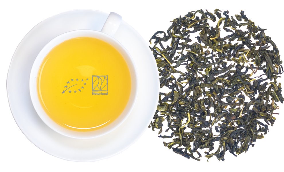 Cup of freshly brewed green tea with leaves