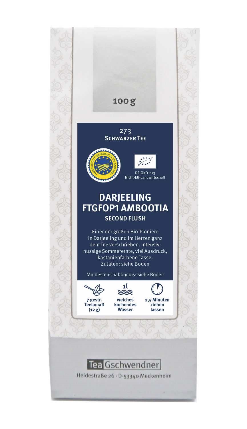 Verpackung Darjeeling FTGFOP1 Ambootia Schwarzer Tee 100g, Schwarztee, Bio, Second Flush, Teebeutel, 100 g