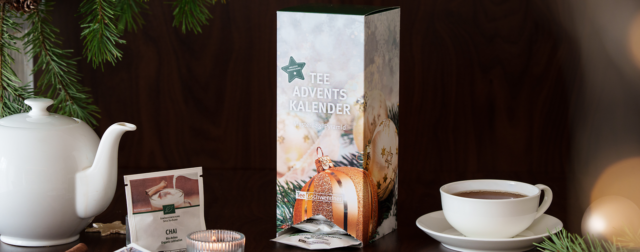 tee adventskalender, verpackung, topf, tasse, kiefernzweige