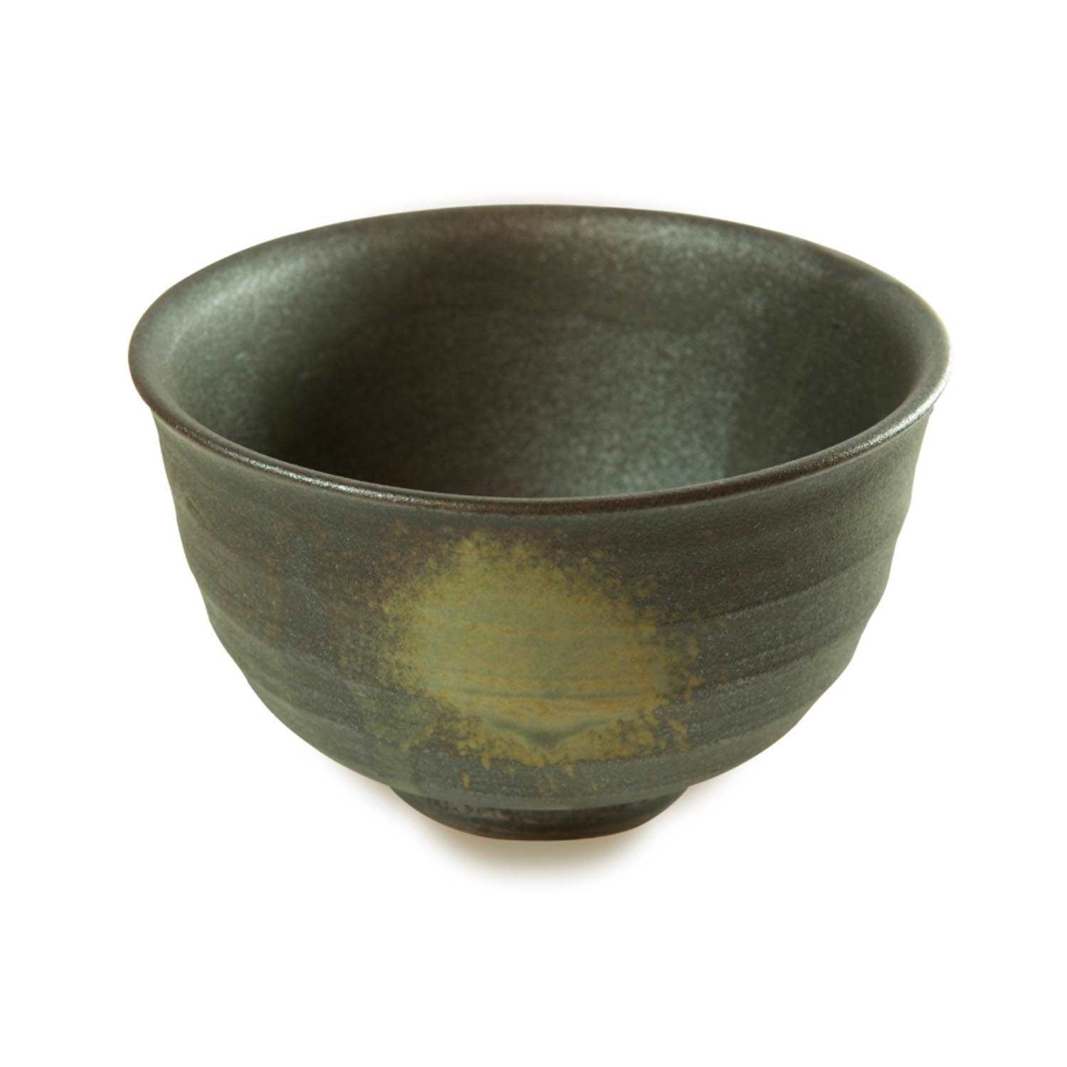 Dunkelgrüne japanische Keramikschale mit Fuß, Teeschale, Tee-Geschirr, Keramikschale, Grünbraun, Glasiert