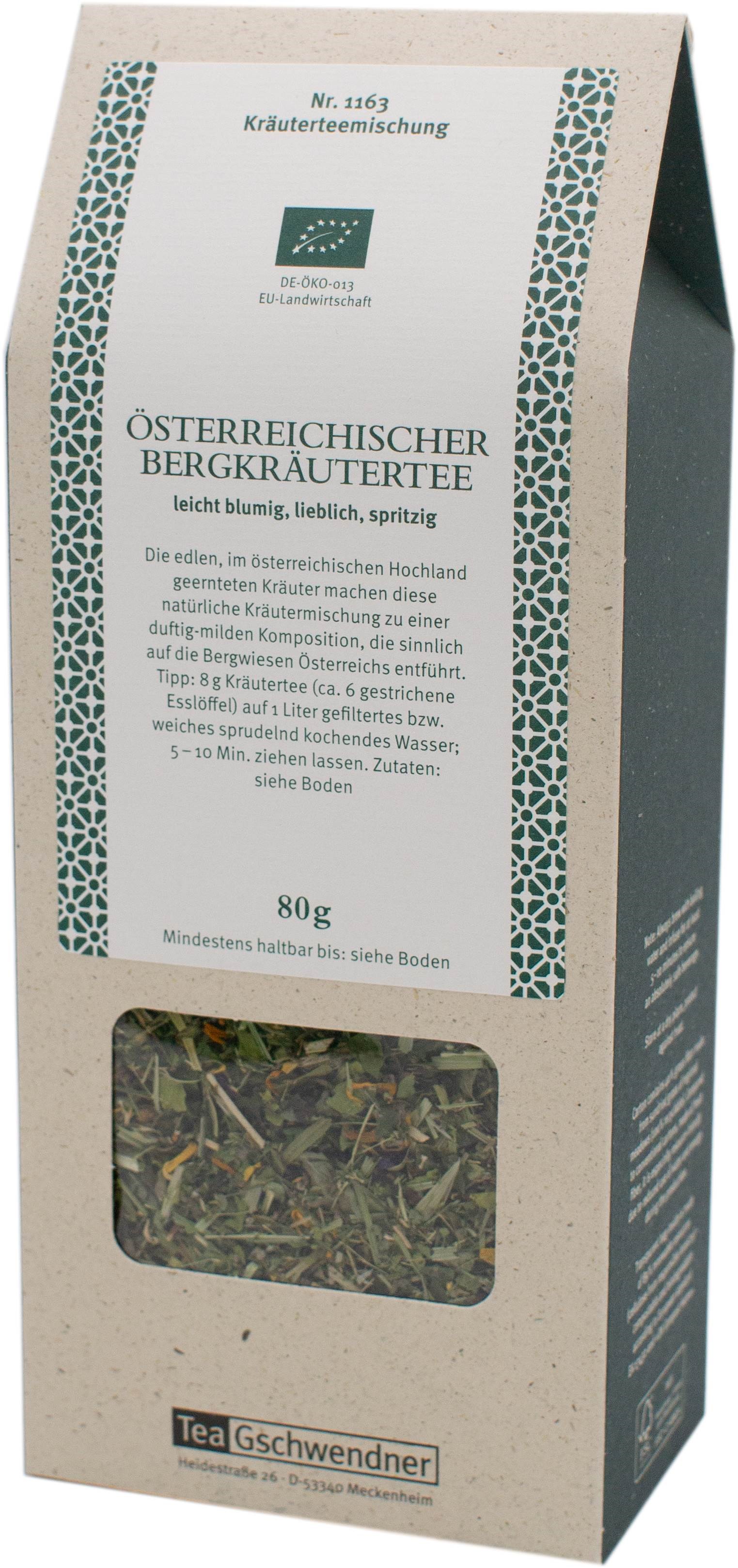 Packung österreichischer Bergkräutertee 80g von Tea Gschwend, Kräutertee, Bergkräutertee, 80 g, lose Blätter, transparentes Fenster