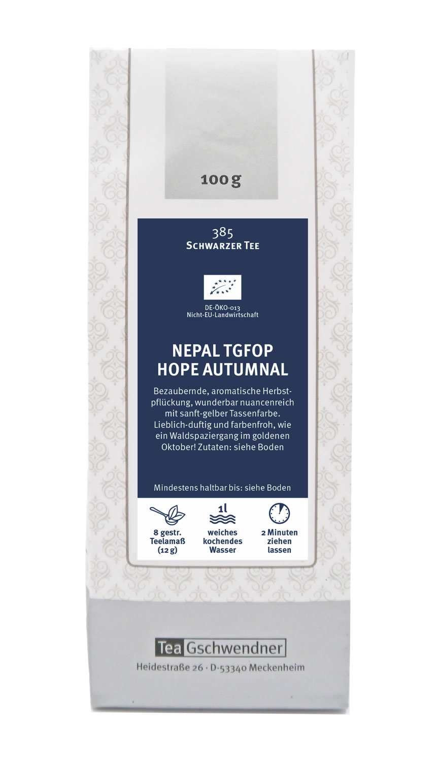 Packung TeaGschwendner Nepal TGFOP Hope Autumnal 100g, Schwarztee, Nepal TGFO P HOPE Autumnal, 100 g, Tee, Teeblätter