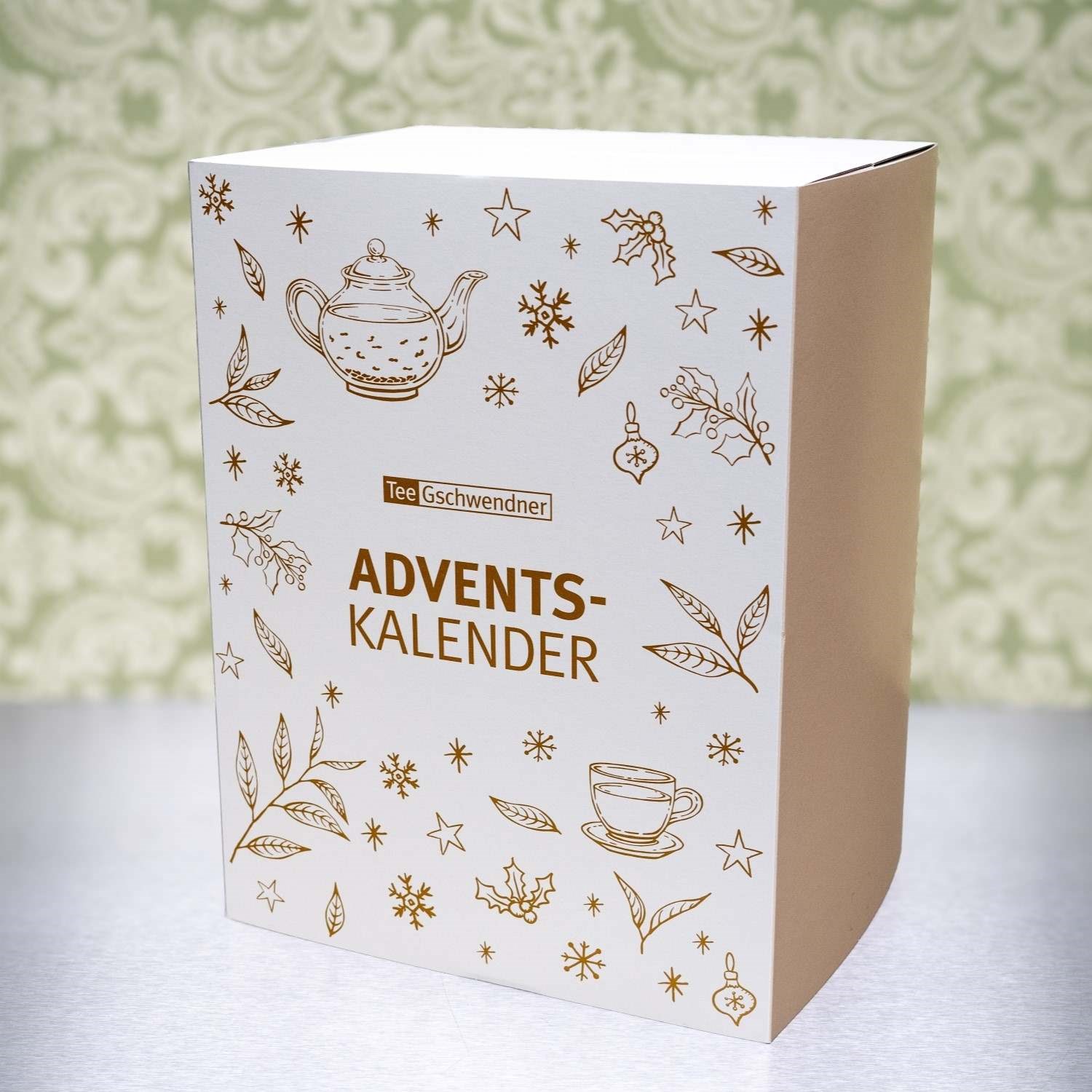 Adventskalender von Tee Gschwendner in Geschenkbox, Adventskalender, Teekanne, Kaffeetasse, Winterdeko, Hintergrundmuster
