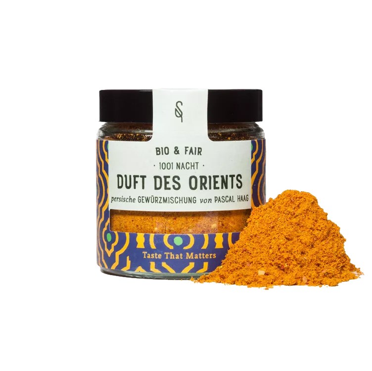 SoulSpice Duft des Orients Organic 45 g – Persian spice blend in a jar with orange spice powder, ideal for vegetarian rice and lentil dishes