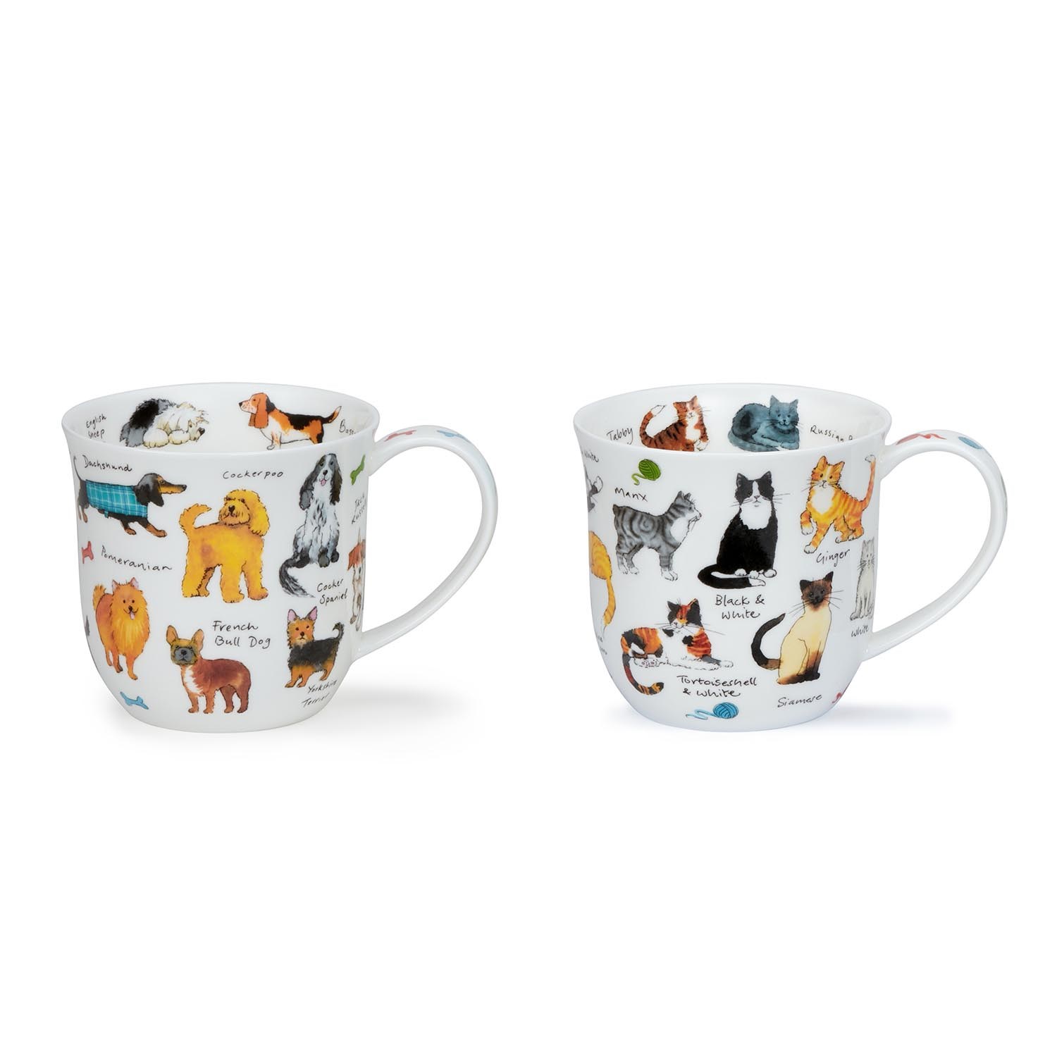Zwei Porzellanbecher mit bunten Hunde- und Katzenmotiven, Kaffeetasse, Tiermuster, Porzellan, Weiß, Mehrfarbig