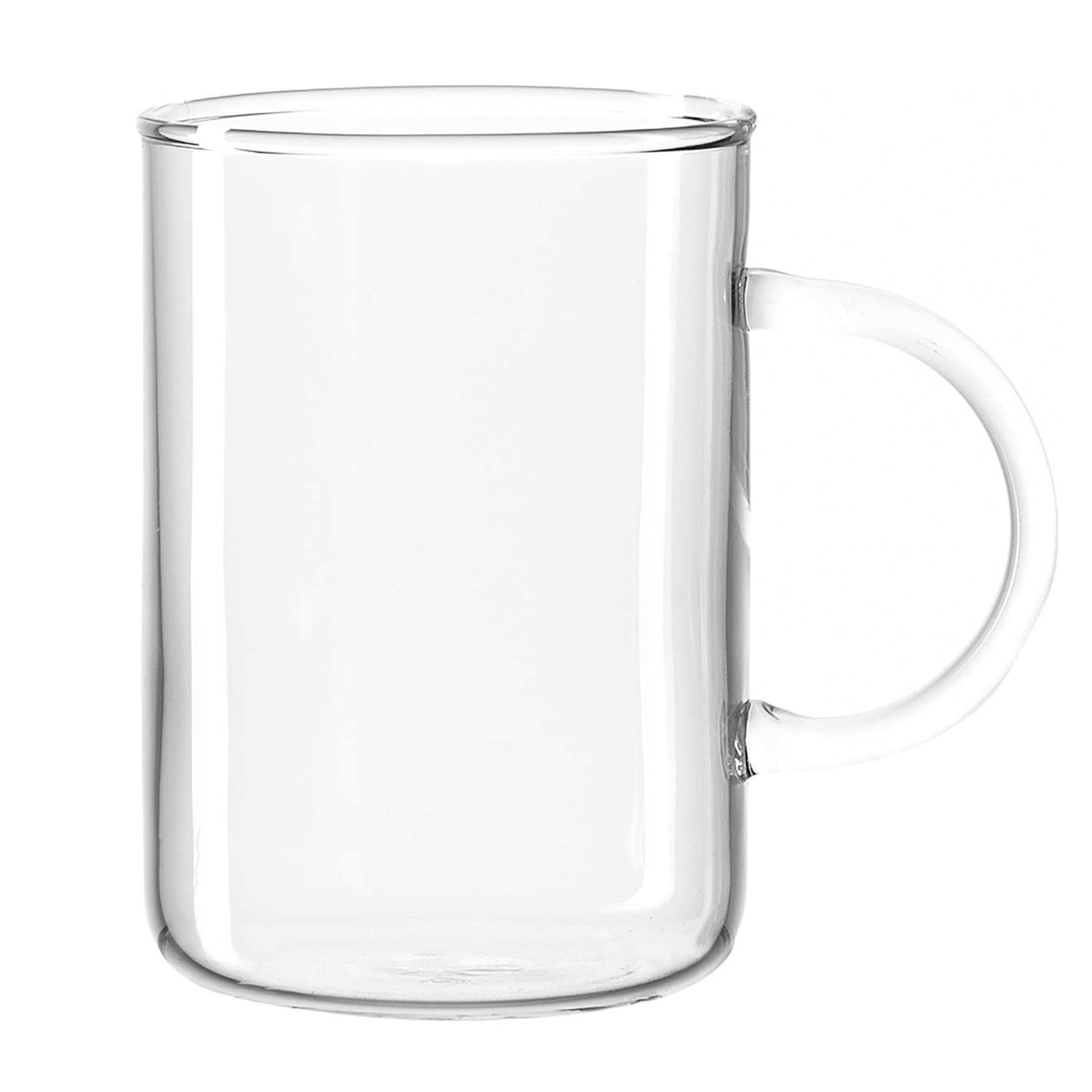 Klarer Glasbecher mit Henkel auf weißem Hintergrund, glas mug, glaskrug, gläser, becher, transparent