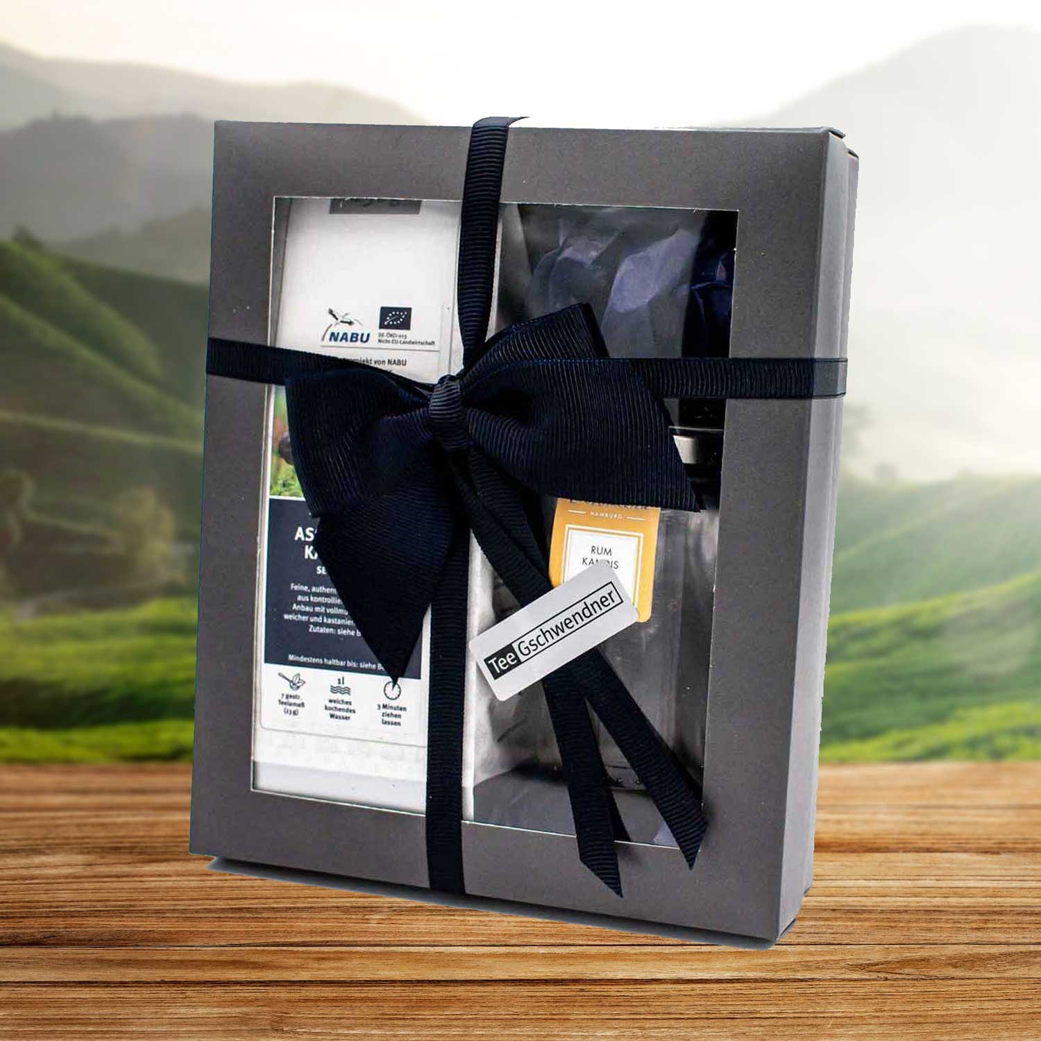 Edle Tee-Geschenkbox mit schwarzer Schleife, Geschenkset, Tee-Set