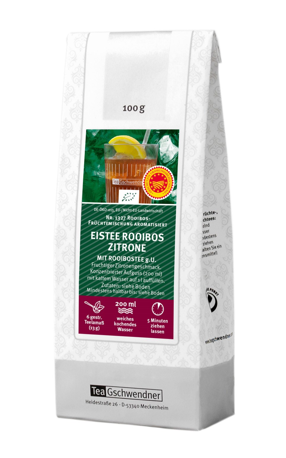 Teepackung Eistee Rooibos Zitrone 100g TeeGschwendner, Eistee, Rooibos, Zitrone, Aufguss, 200 ml