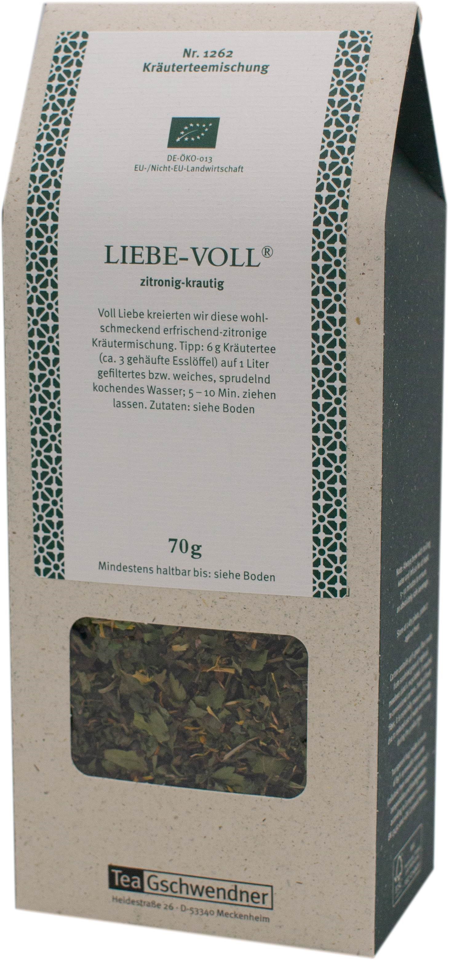 Packung TeaGschwendner Liebe-Voll Kräutertee 70g, Kräutertee, Zitronengeschmack, Kräuterteemischung, 70 g, Transparenter Fensterausschnitt