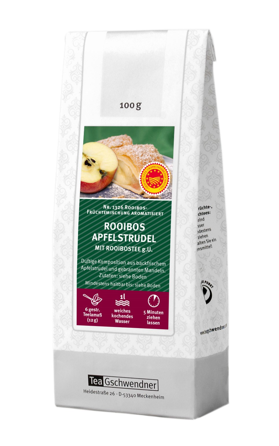 Teepackung Rooibos Apfelstrudel 100g von TeaGschwendner, Rooibos, Apfelstrudel, TEE, Backmischung, 100 g
