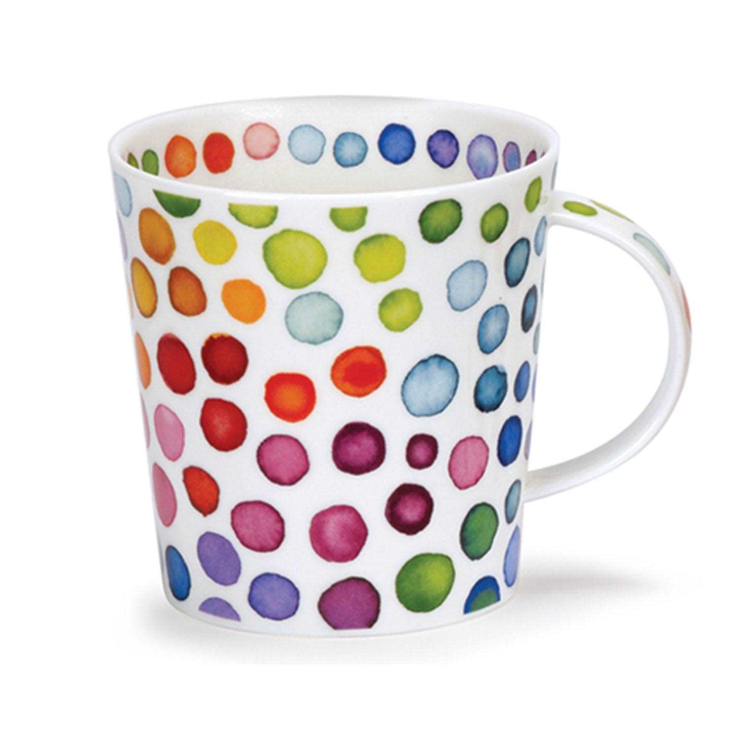Weiße Porzellantasse mit buntem Punktmuster, Tasse, Porzellan, bunt, Punkte, Becher