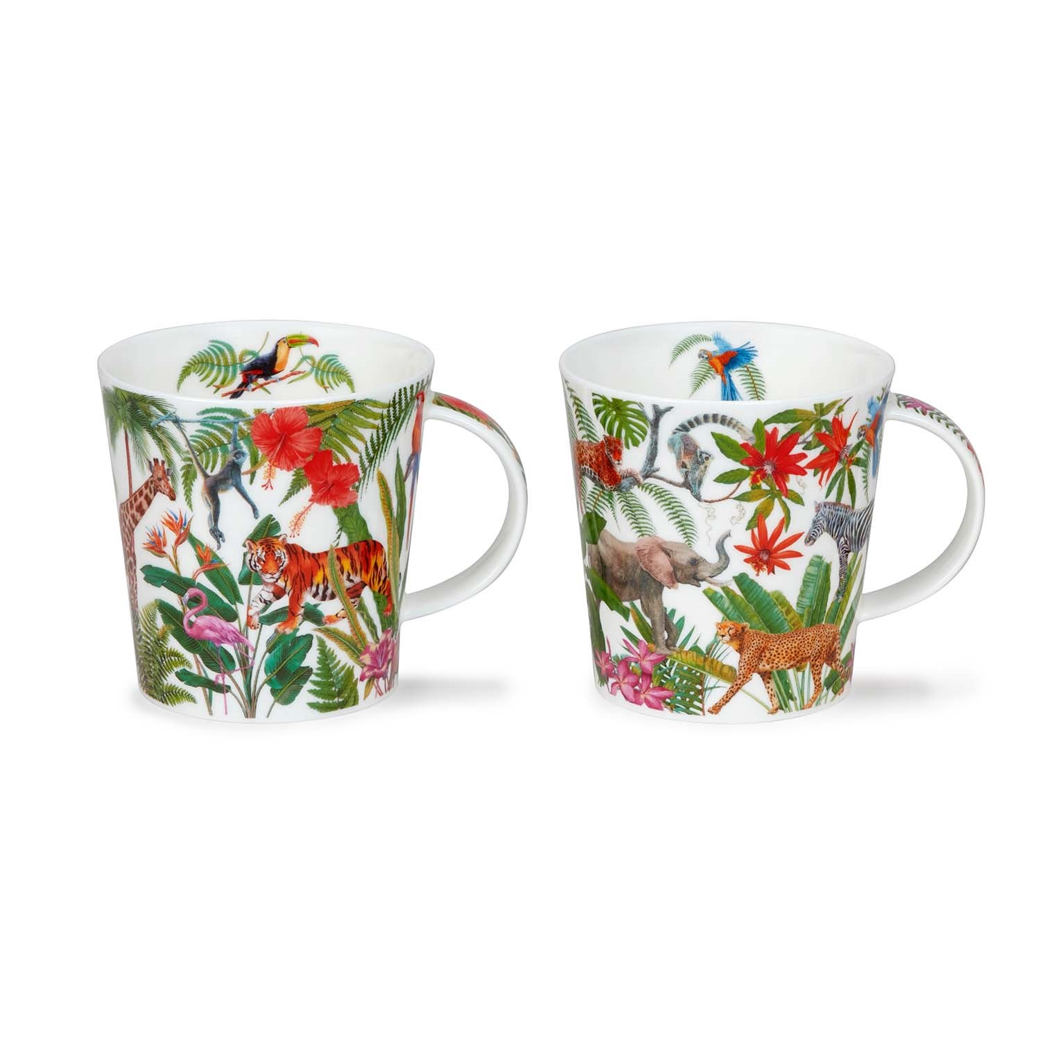 Zwei Porzellanbecher mit buntem Dschungel- und Tiermotiv, Tasse, Becher, Ton-auf-Ton Muster, Tiermuster, Dschungelmotiv