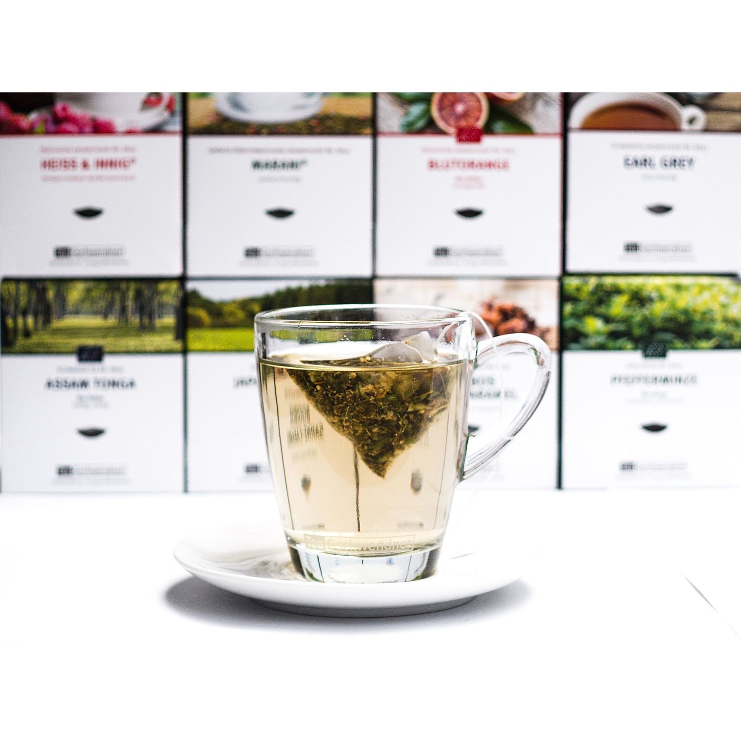 Transparente Teetasse mit Pyramidenbeutel vor Teepackungen, glas, tee, tee-beutel, heißgetränk,  tasse