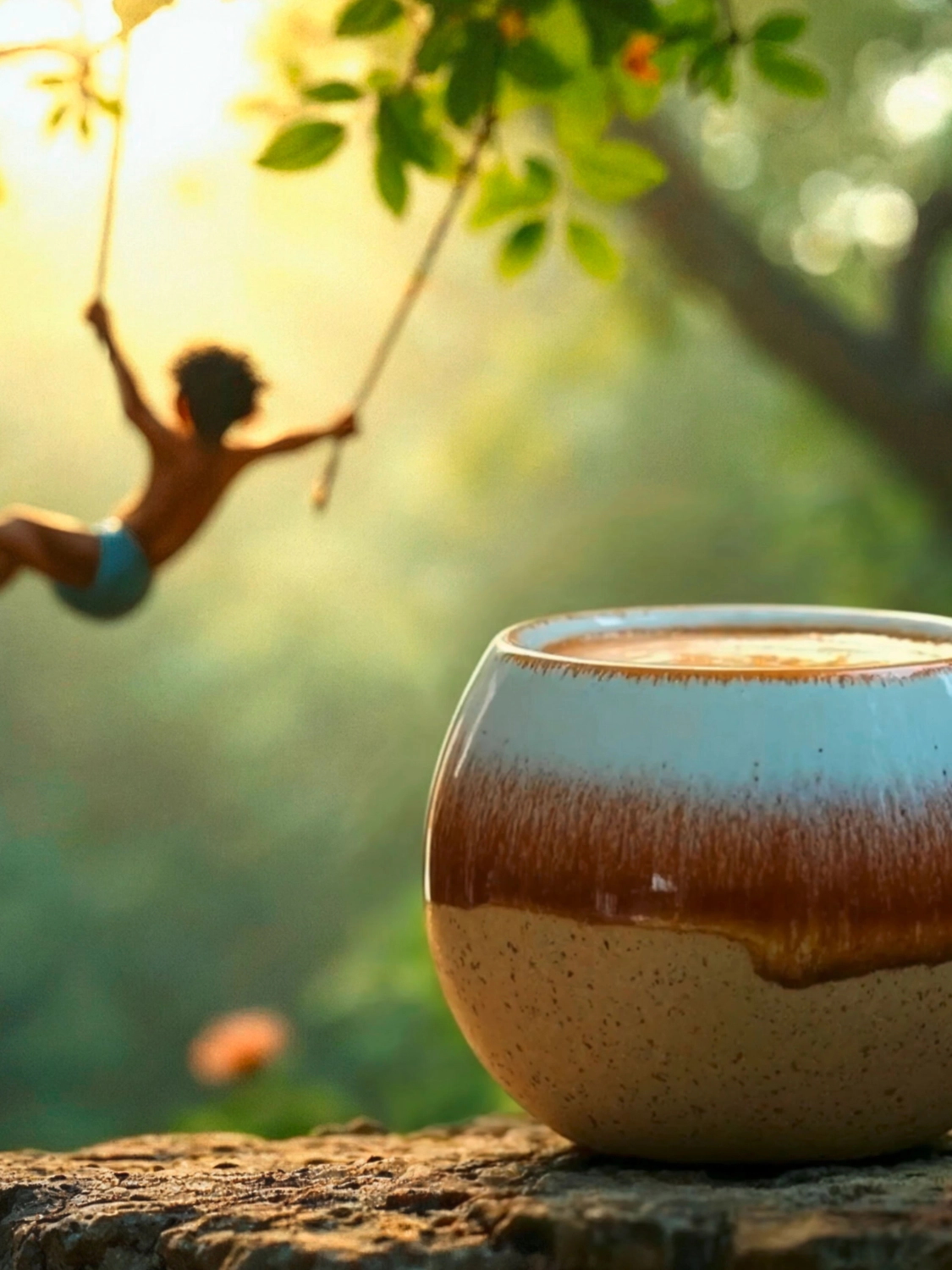 Keramikbecher mit Getränk im sonnigen Garten