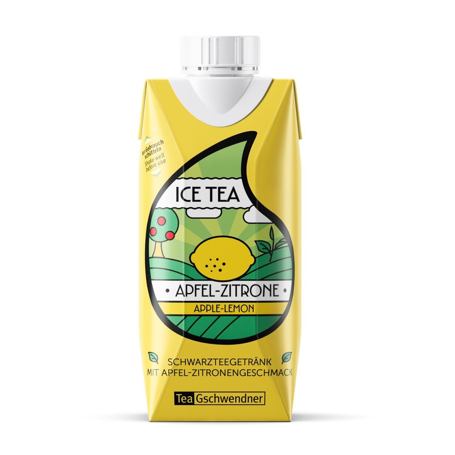 Gelber Ice Tea Apfel-Zitrone Karton von TeaGschwendner, Ice tea, Apfel-Zitrone, Schwarzteegetränk, Kartonpackung, Gelb包装