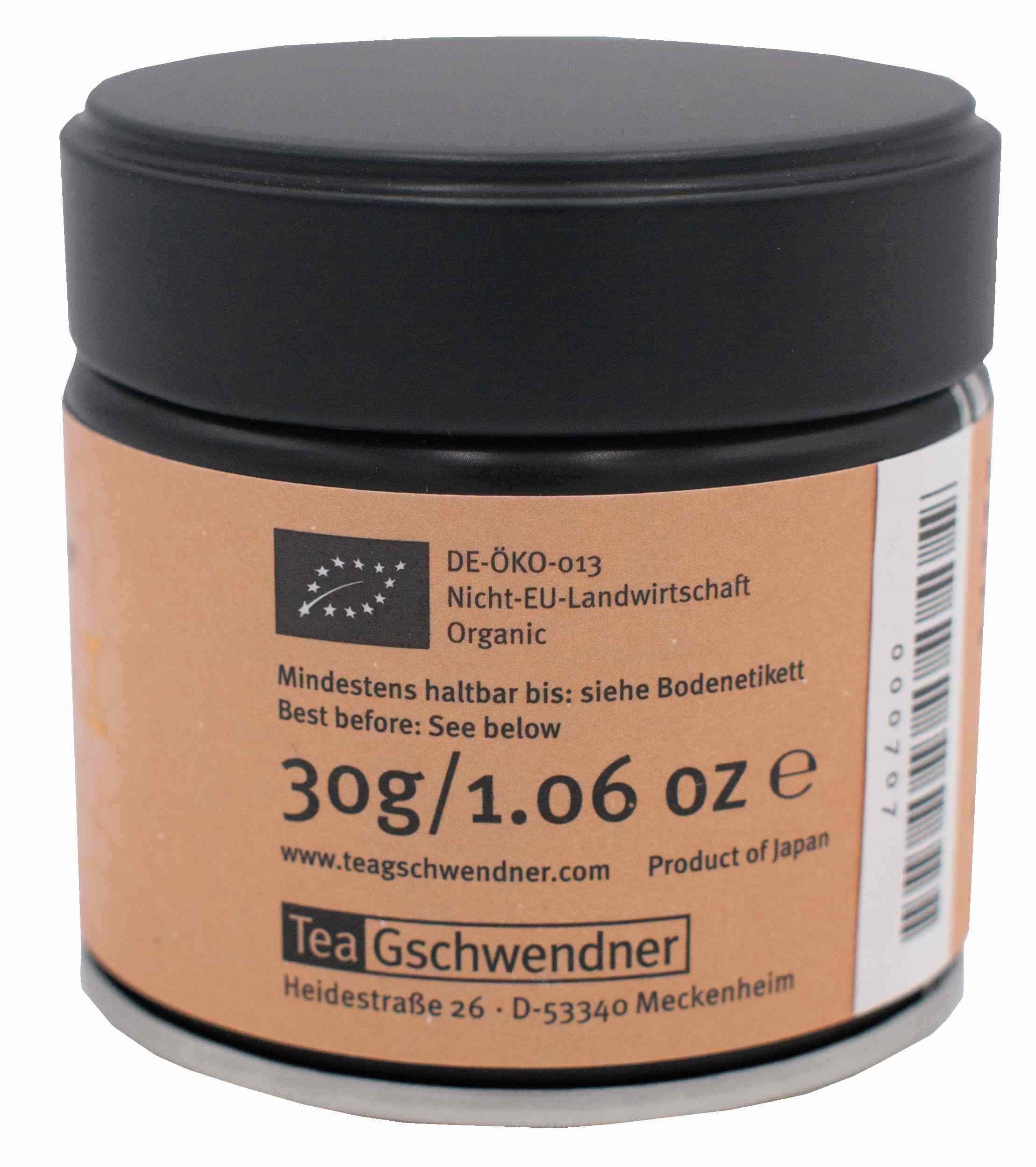 Tea Gschwendner Bio-Tee Dose 30g, Produkt Japan, tee, organisch, Glasbehe4ltnis, Kosmetik, Etikett