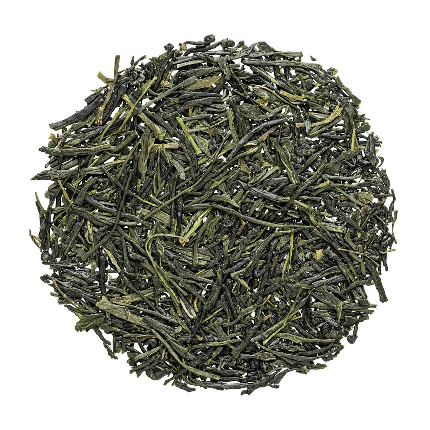 Runder Haufen loser grüner Tee Sencha Blätter, Teeblätter, Grüner Tee, Lose Blätter, Rundbild, Kräutertee?