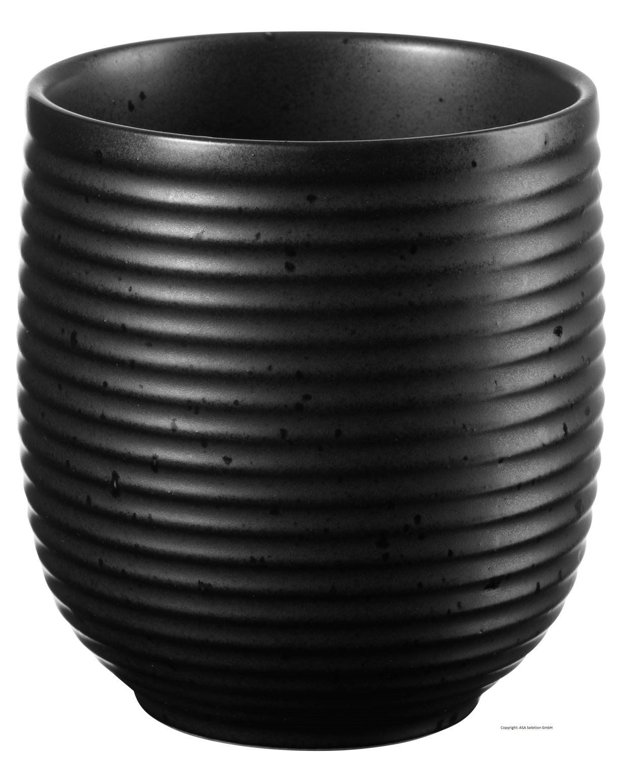 Runder schwarzer Keramikbecher mit Rillenstruktur, Tasse, Keramik, schwarz, gerillt, Becher
