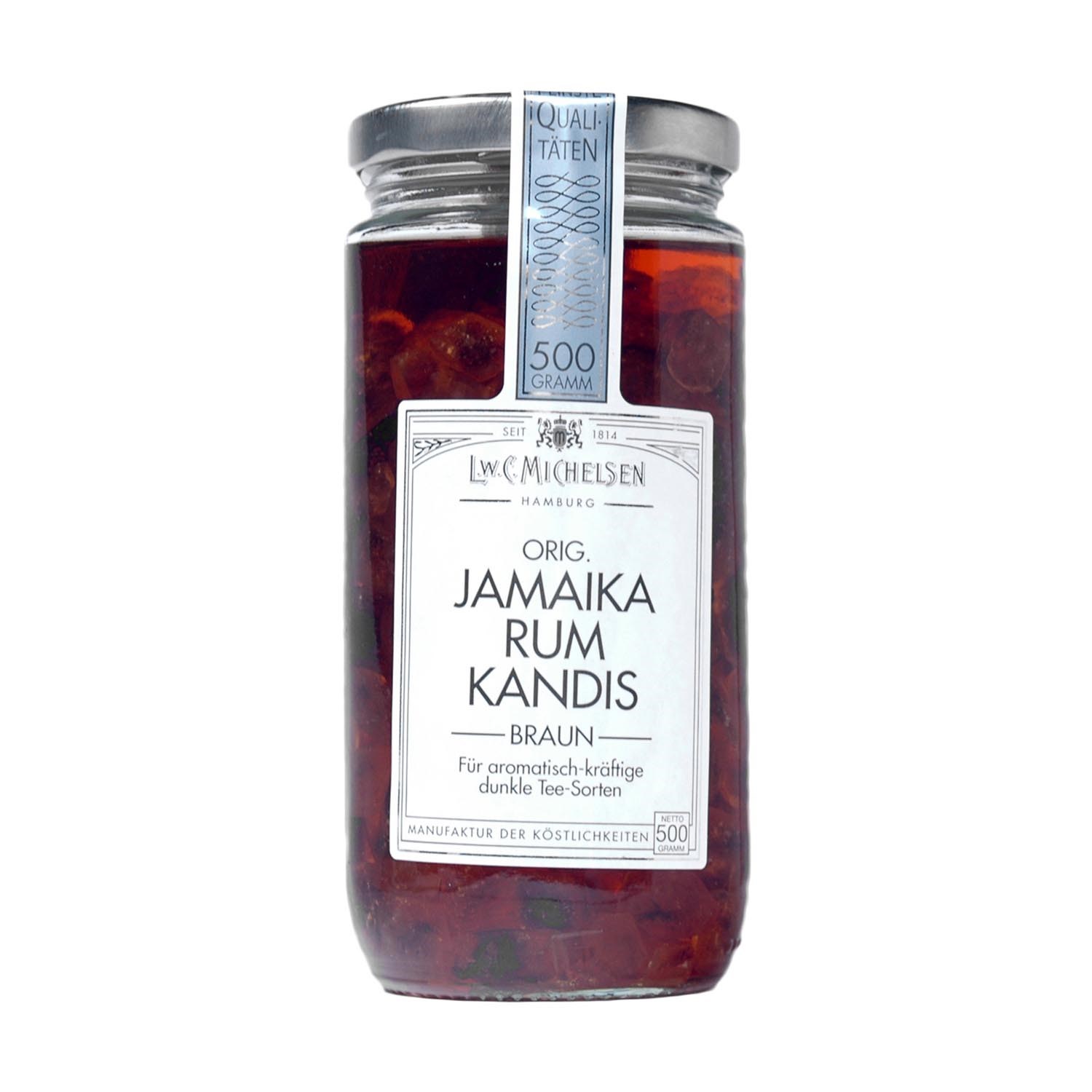 Glas L.W.C. Michelsen Jamaika Rum Kandis braun 500g, jamaika- rum- kandis, braun, glas jar, zweiteiliger, fruchtige noten